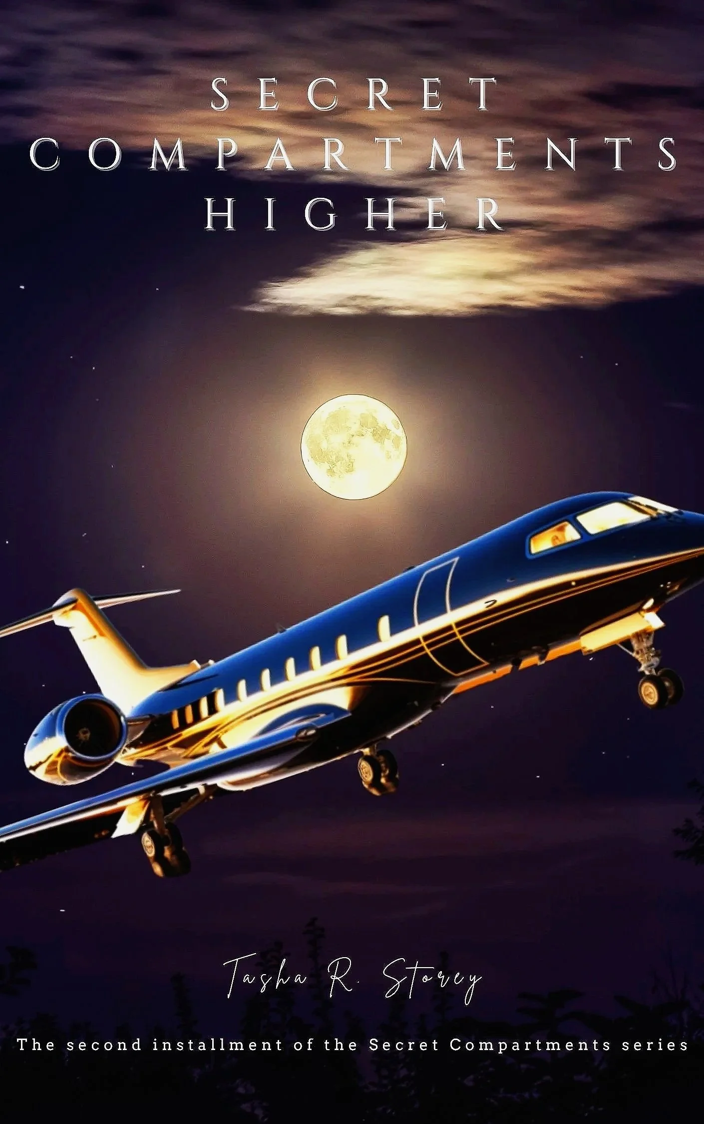 A luxurious private jet flying at night with a full moon and dark clouds in the background. Text on the image reads: 'Secret Compartments Higher' and 'The second installment of the Secret Compartments series. Author: Tasha R. Storey.'