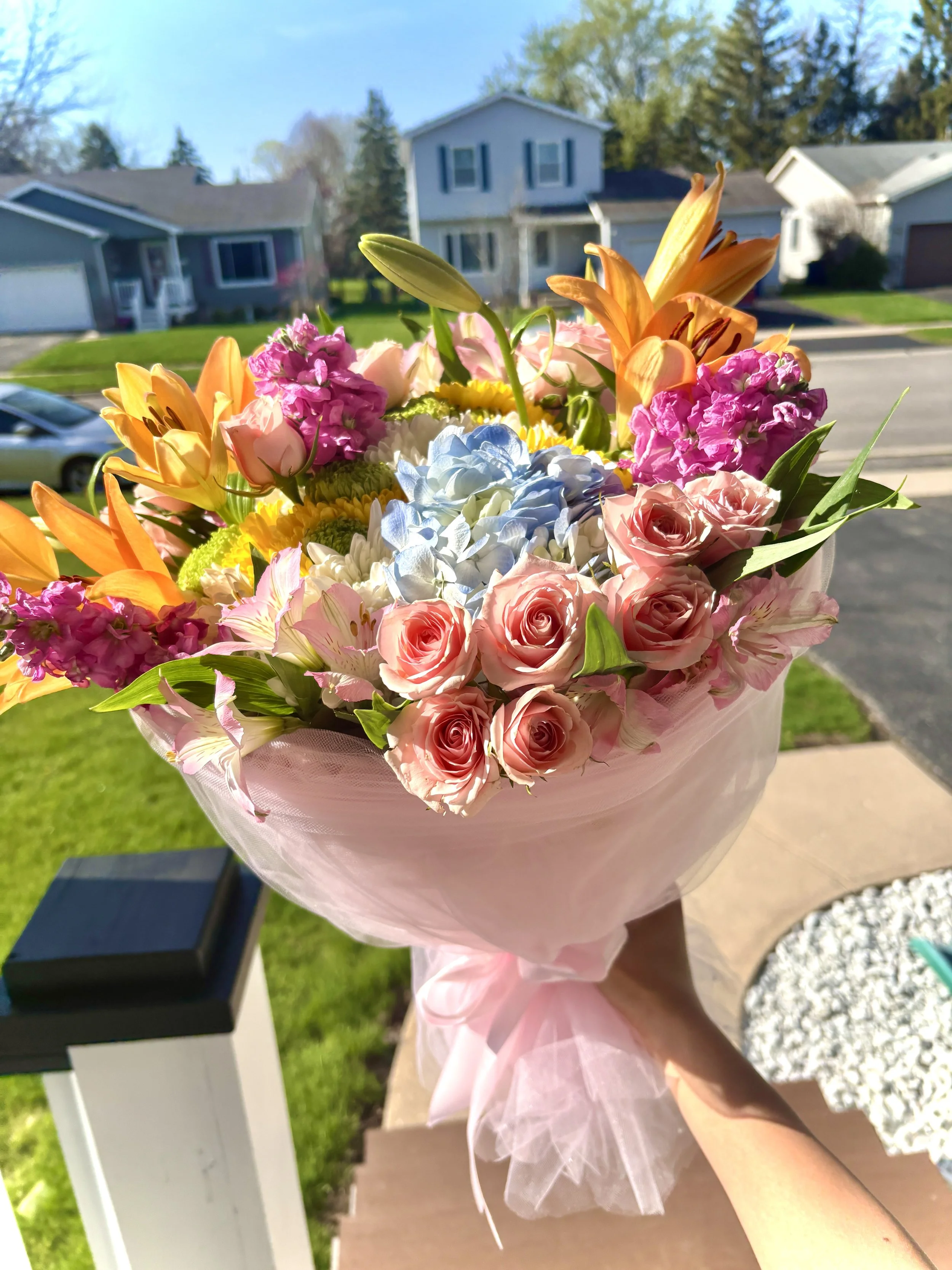 Medium mixed bouquet in Tulle wrap $54