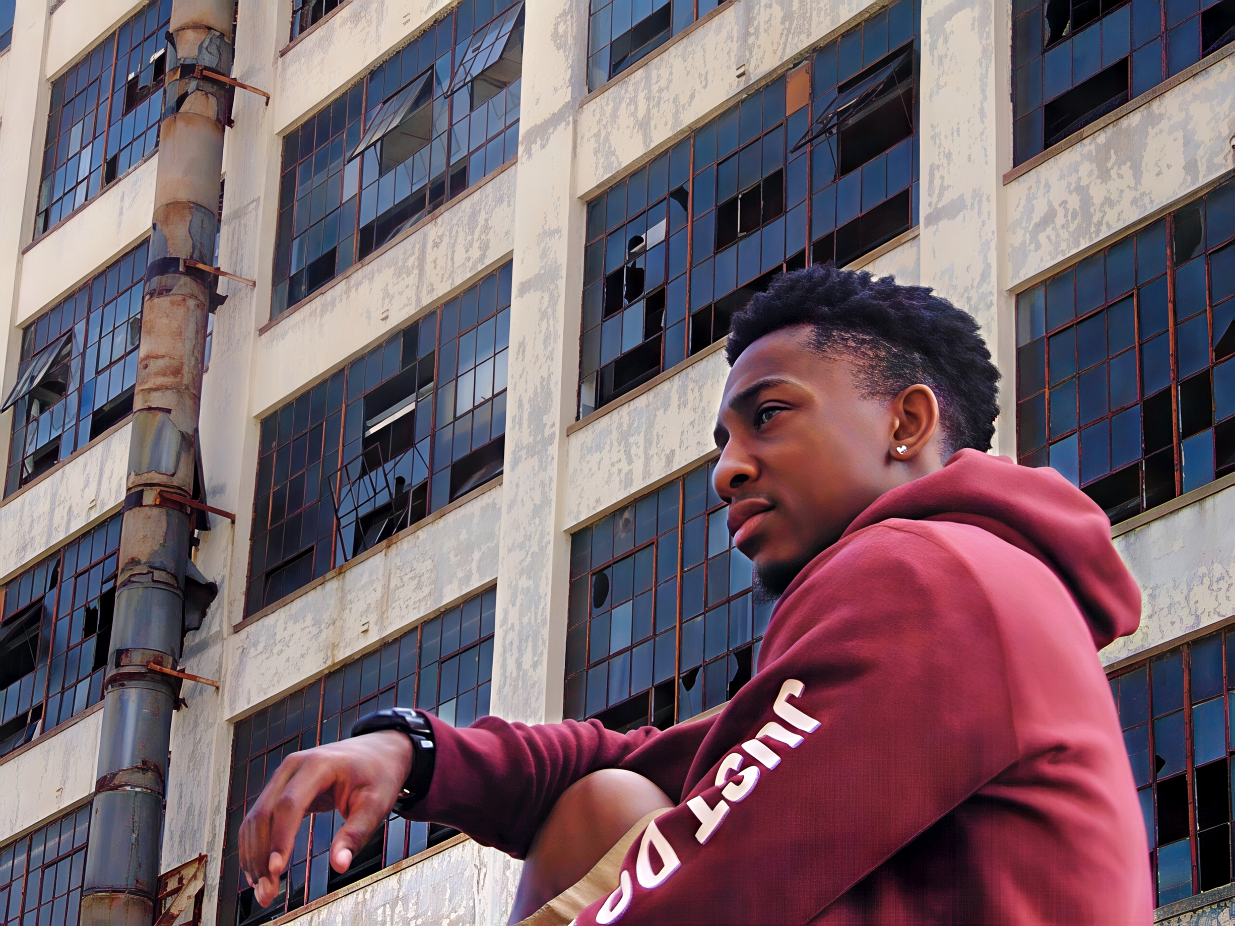 A young man with short curly hair wearing a maroon hoodie with white writing on the sleeve, sitting outdoors in front of an old, weathered building with burned-out windows and rusted metal frames. The building appears abandoned and dilapidated.