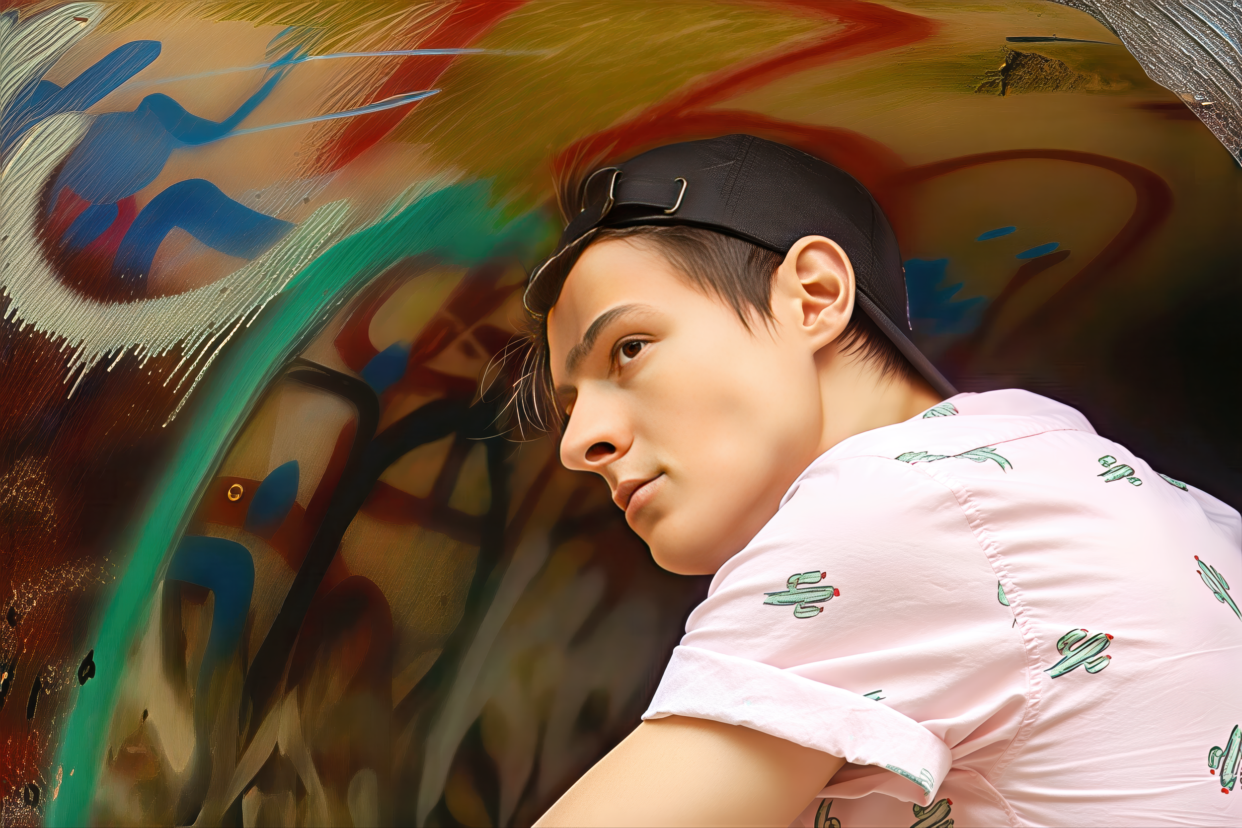 Close-up of a young person with short dark hair wearing a black cap, looking thoughtfully at a colorful graffiti wall.