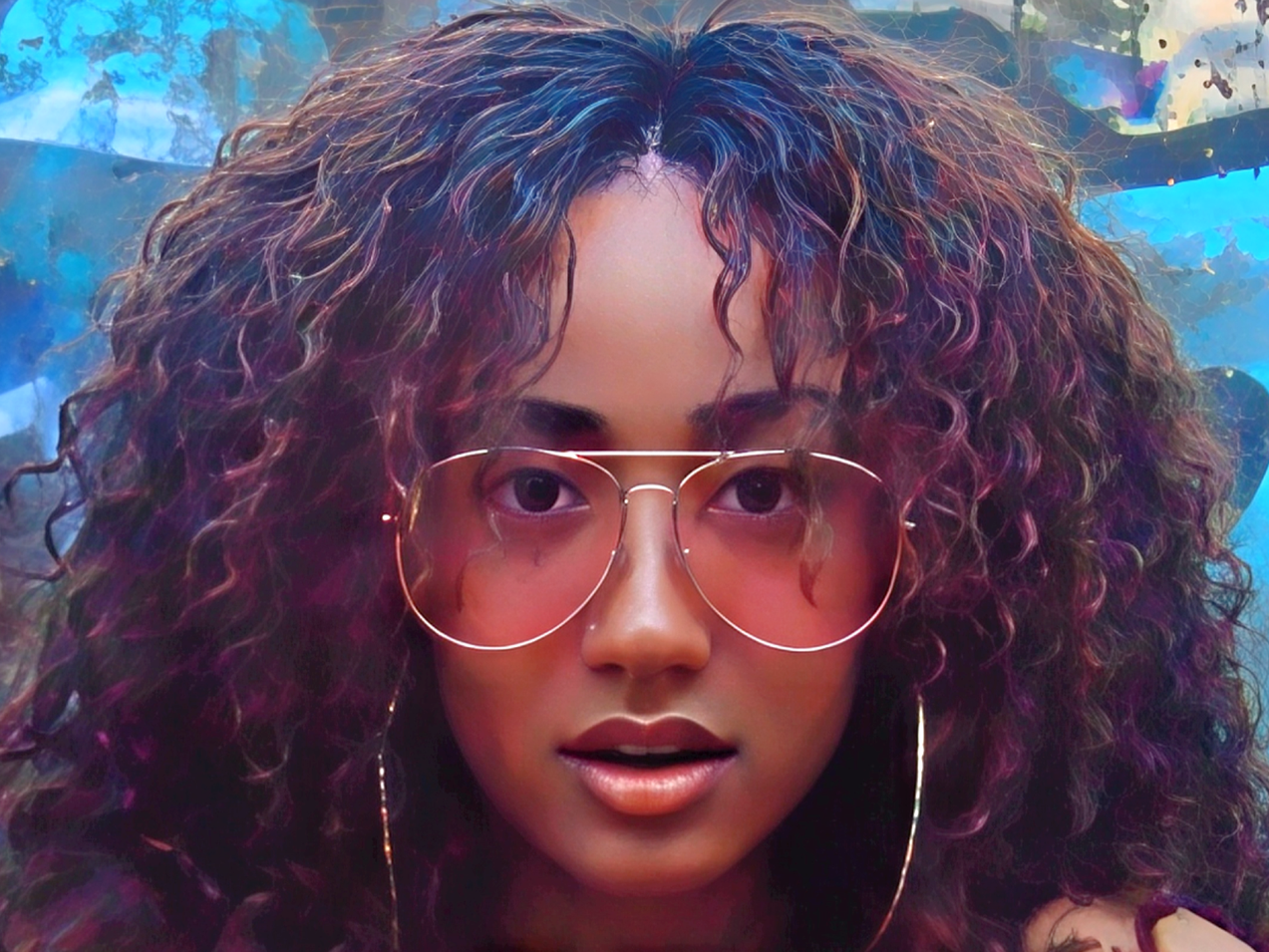 A woman with curly multicolored hair wearing pink sunglasses and large hoop earrings.