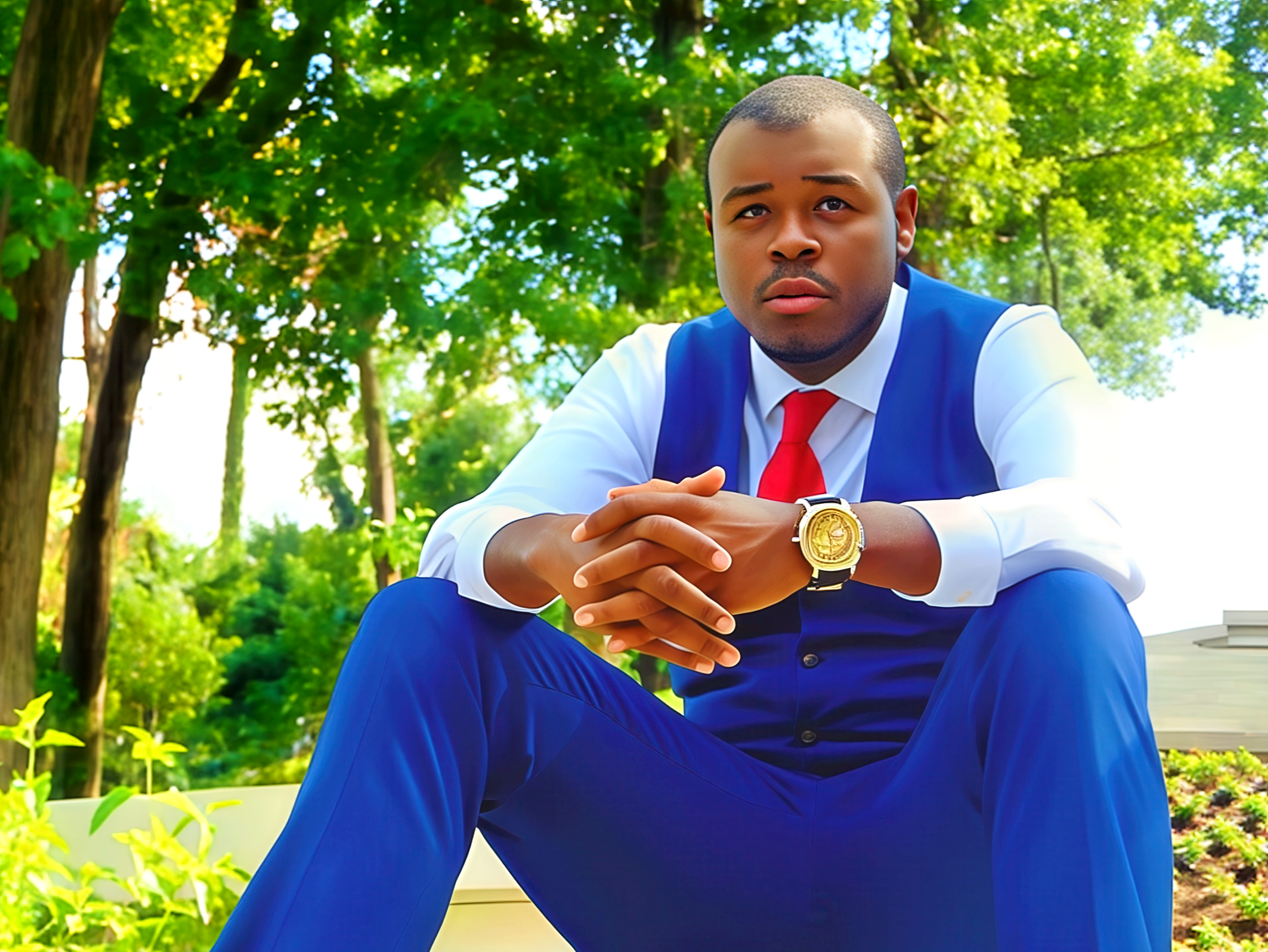 A young man in a blue suit with a red tie sitting outdoors in a lush green park, leaning forward with hands clasped, wearing a gold watch, with trees and bright sunlight in the background.