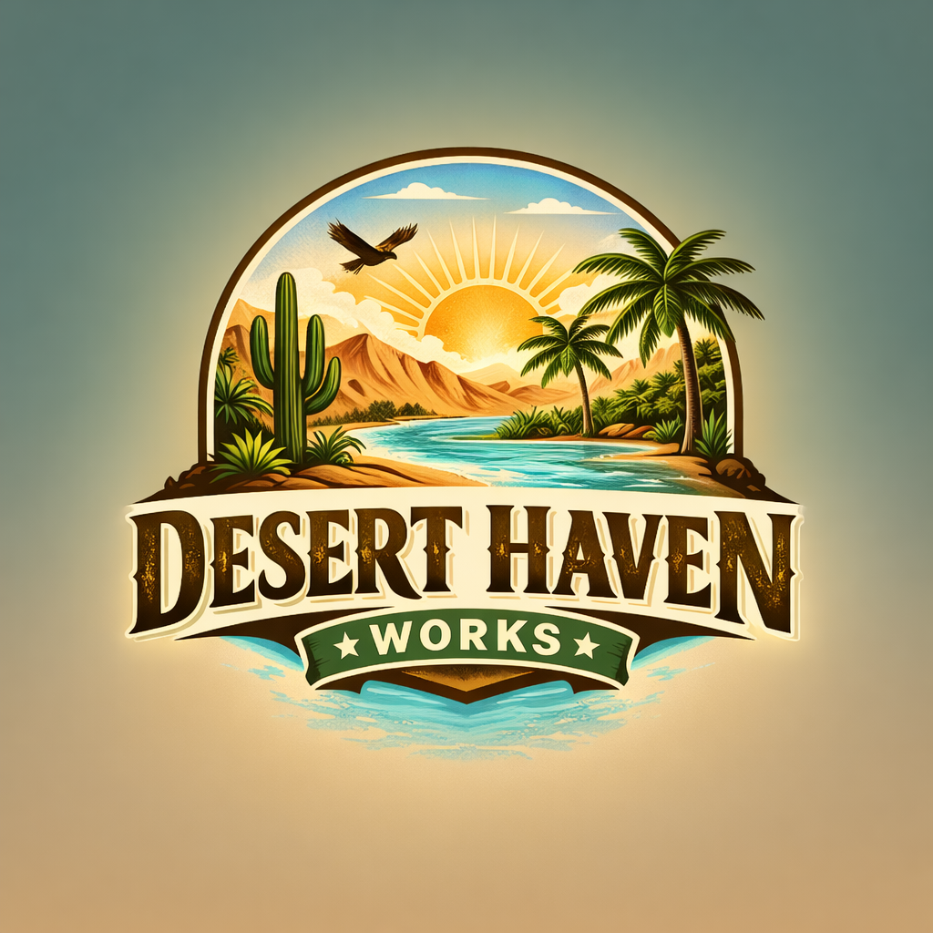 A logo for Desert Haven Works featuring a desert landscape with a river, mountains, palm trees, a cactus, and a sun with a bird flying in the sky.