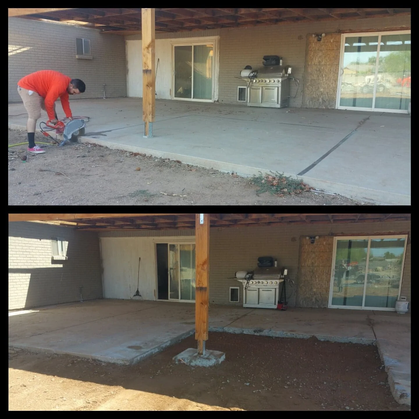 Side-by-side comparison of a residential backyard patio before and after being paved. The top image shows a person operating a saw on dirt with an unfinished concrete slab, while the bottom image shows a completed smooth concrete patio with a wooden support post and a grill.