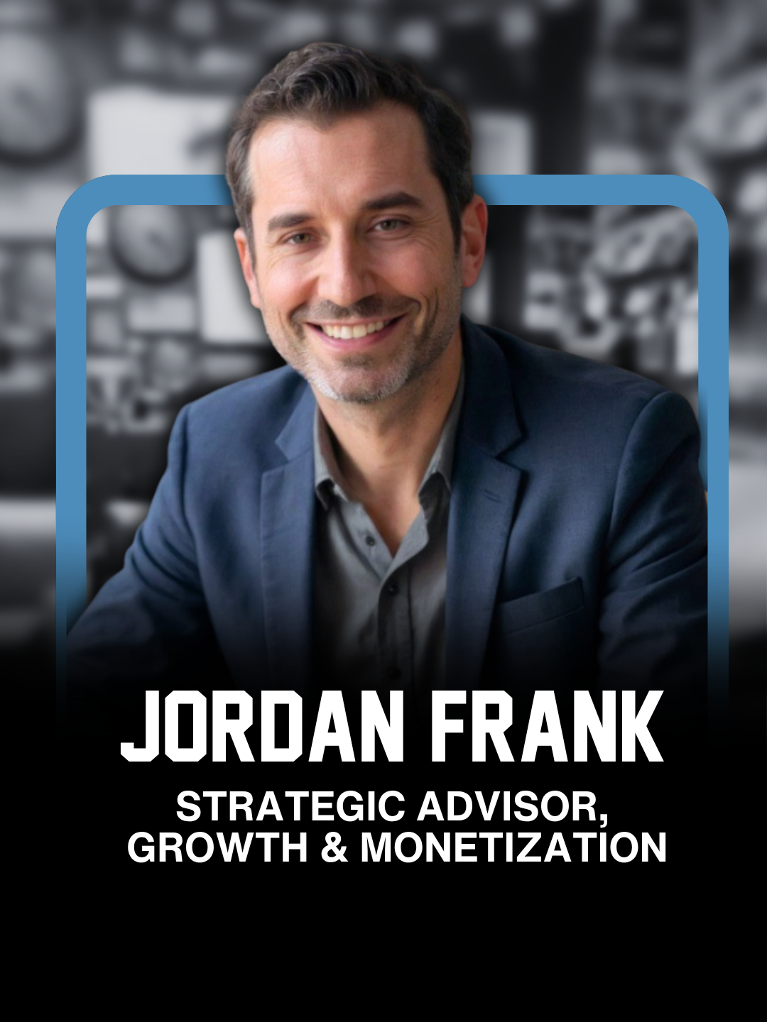 Professional headshot of Jordan Frank, a man in a suit, smiling, with a blurred background of a modern office.