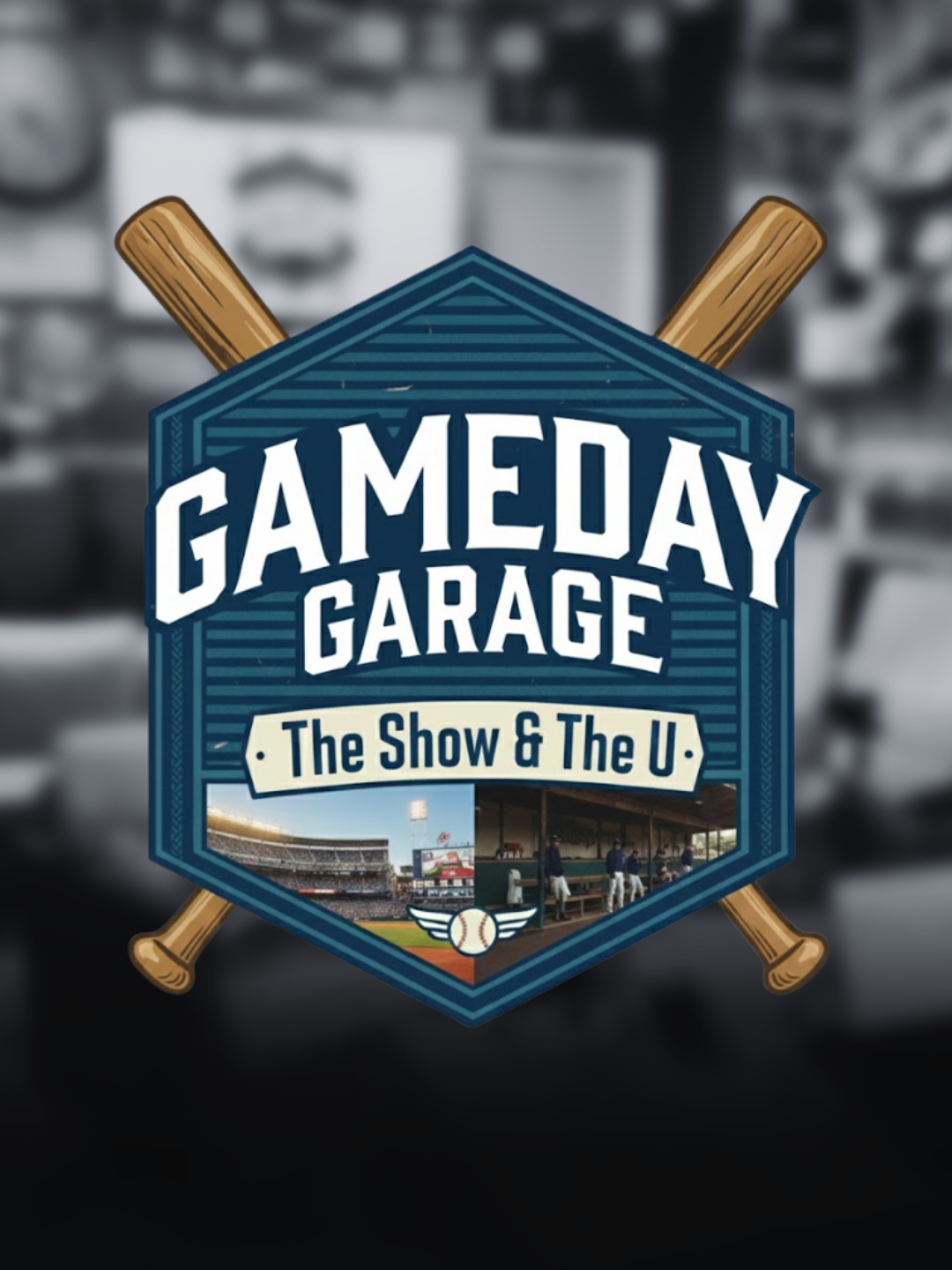 Logo for GameDay Garage featuring crossed baseball bats, a blue diamond-shaped background with a baseball field image, and the text 'GameDay Garage: The Show & The U'.