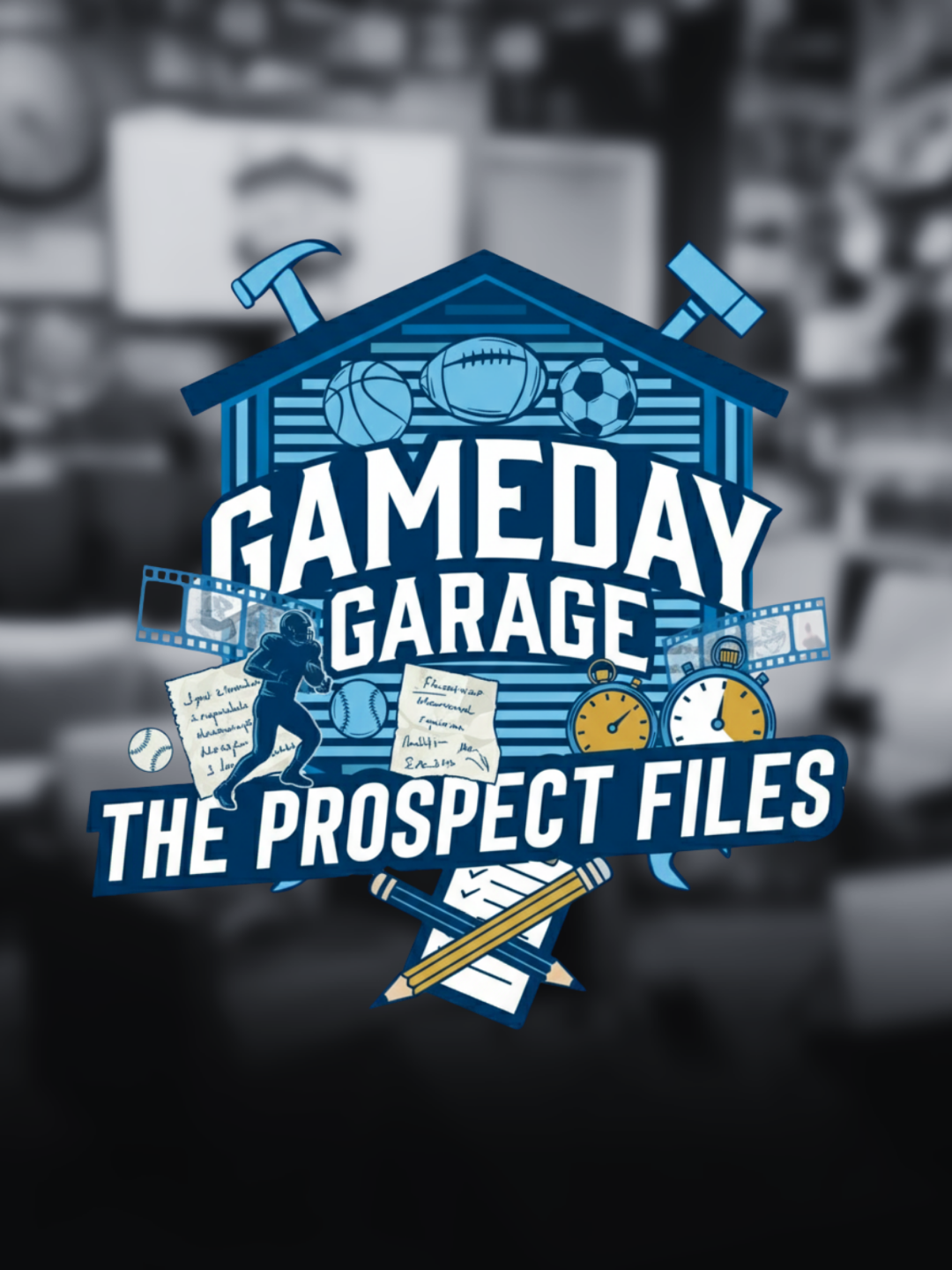 A graphic design for Gameday Garage titled "The Prospect Files" with sports equipment, a stopwatch, a notepad, paper, and a football player illustration.