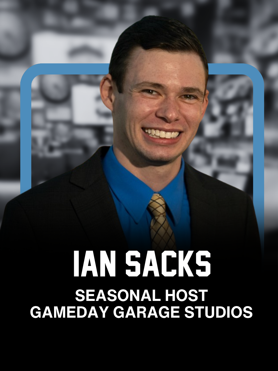 A man in a suit and tie smiling, with text overlay reading 'Ian Sacks, Seasonal Host, Gameday Garage Studios', blurred background of a garage or workshop.
