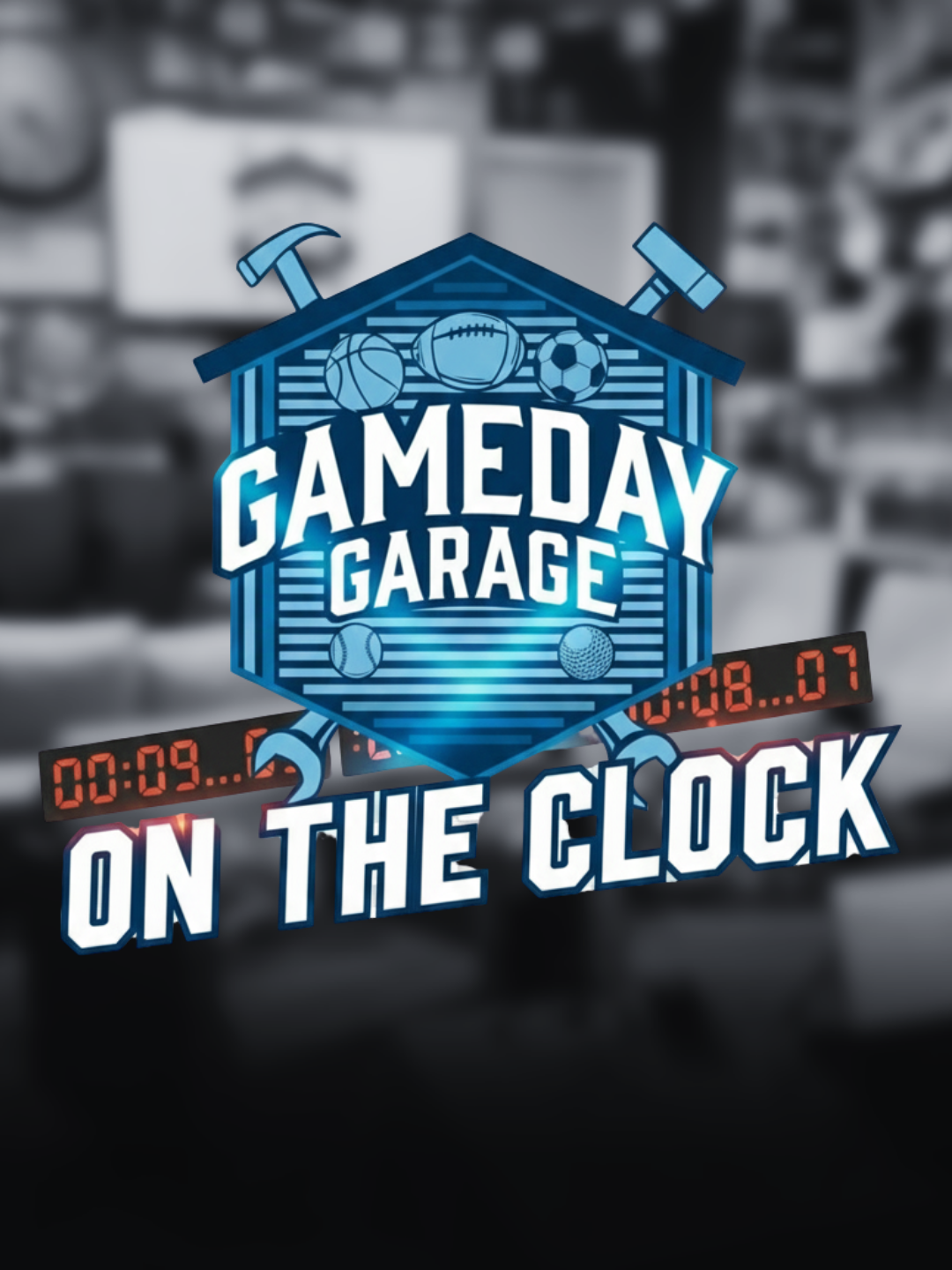 Logo for 'Gameday Garage on the Clock' with various sports balls, a gear, a hammer, and a timer showing 00:09:08
