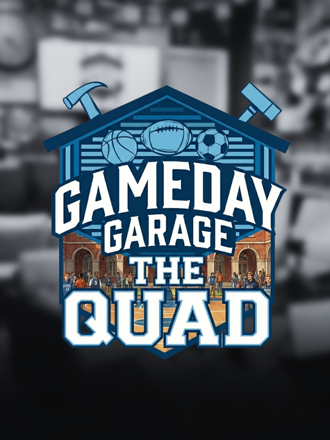 Graphic promoting Game Day Garage at The Quad, with sports balls, hammers, and a school building in the background.