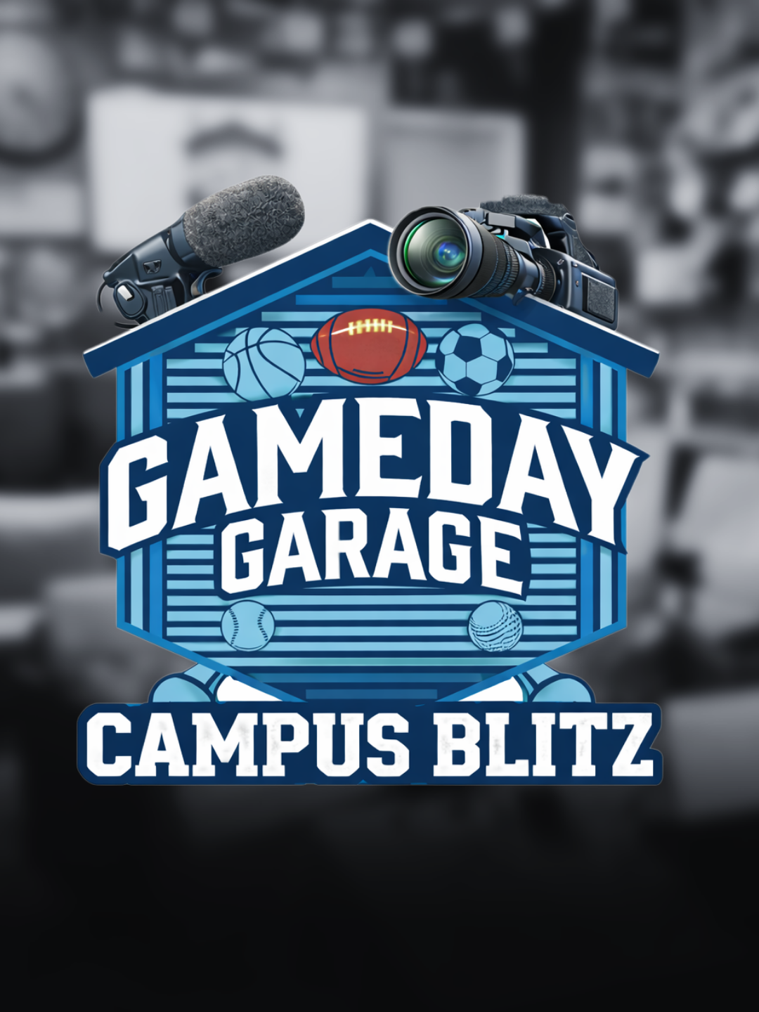 Logo for Gameday Garage Campus Blitz featuring sports balls, a camera, and a microphone.