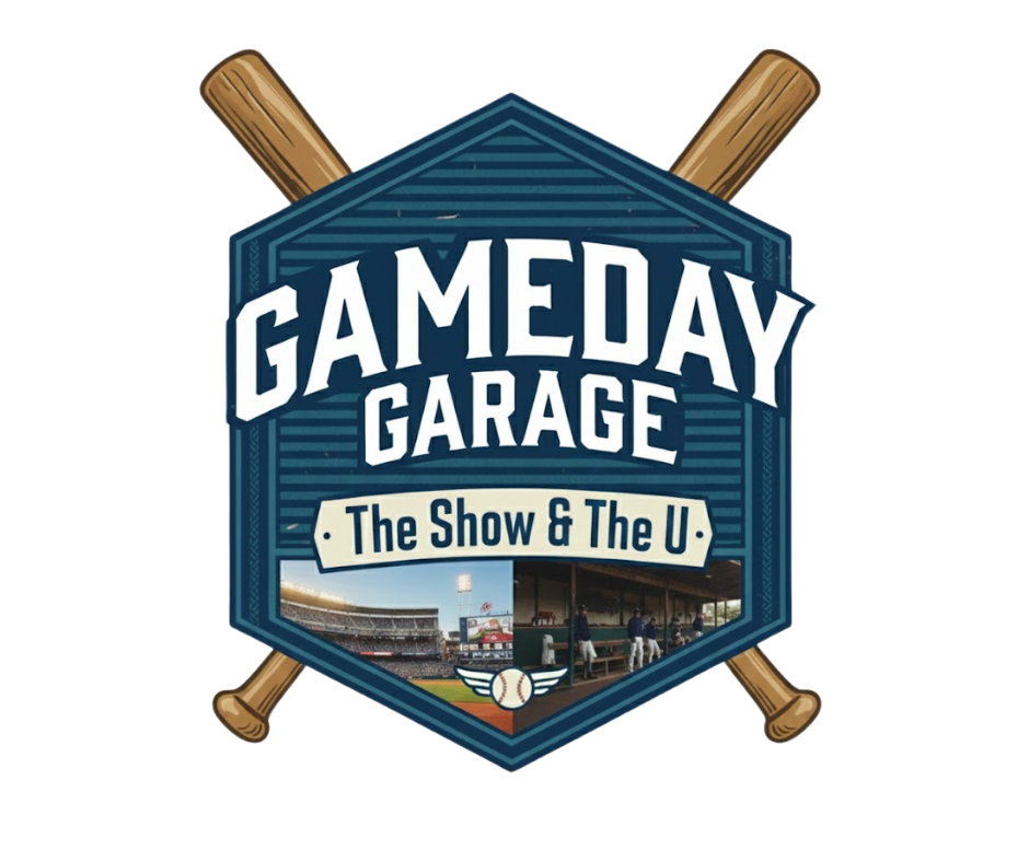Logo for Gameday Garage featuring crossed baseball bats, a baseball, and a photo of a baseball stadium