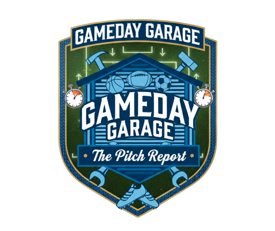 A sports-themed logo featuring a shield shape with the text "GAMEDAY GARAGE" at the top and "The Pitch Report" at the bottom. The shield includes illustrations of sports equipment such as a baseball bat, baseball, football, and soccer ball, with gear icons and stopwatch images on either side.