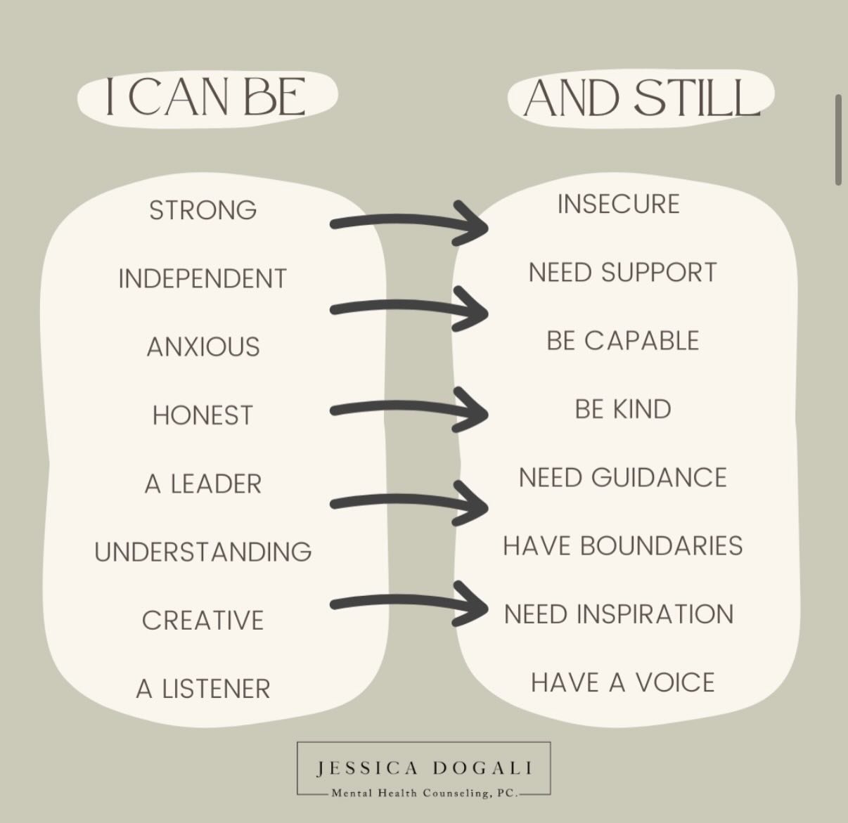 ✨You can be both.✨

Strong and insecure.

Independent and in need of support.

A leader and still figuring things out.

Two things can be true at the same time.
So often, people come to therapy believing they have to choose between being capable and 