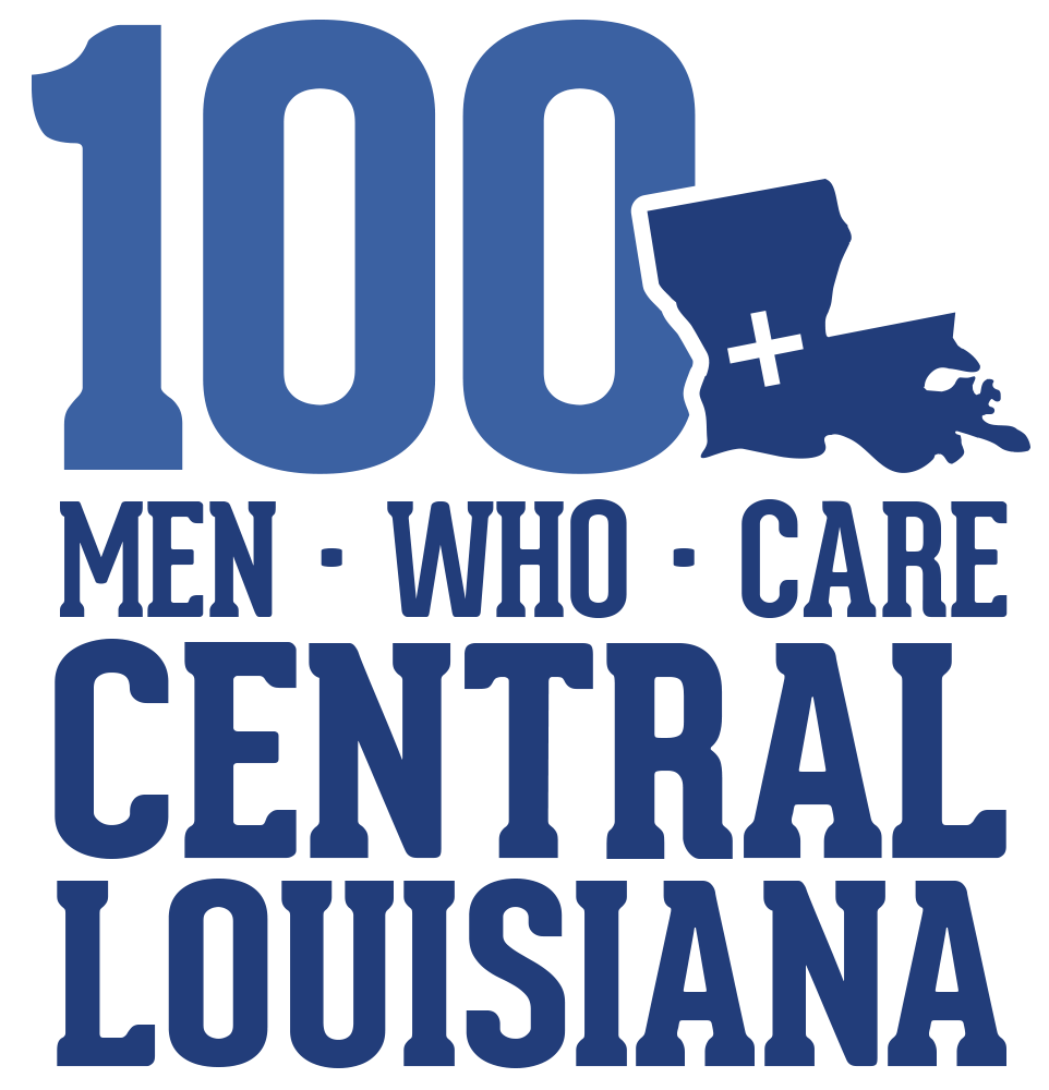 Logo with large blue number 100, outline of Louisiana with a plus sign inside, and text 'Men Who Care Central Louisiana' in blue.