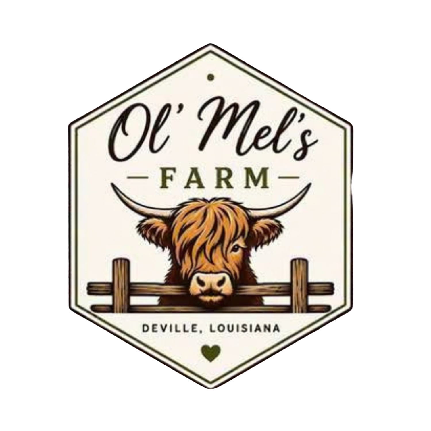 Logo for O'l Mel's Farm in Deville, Louisiana, featuring a Highland cow face with long horns and a wooden fence behind it, inside a hexagon-shaped border.