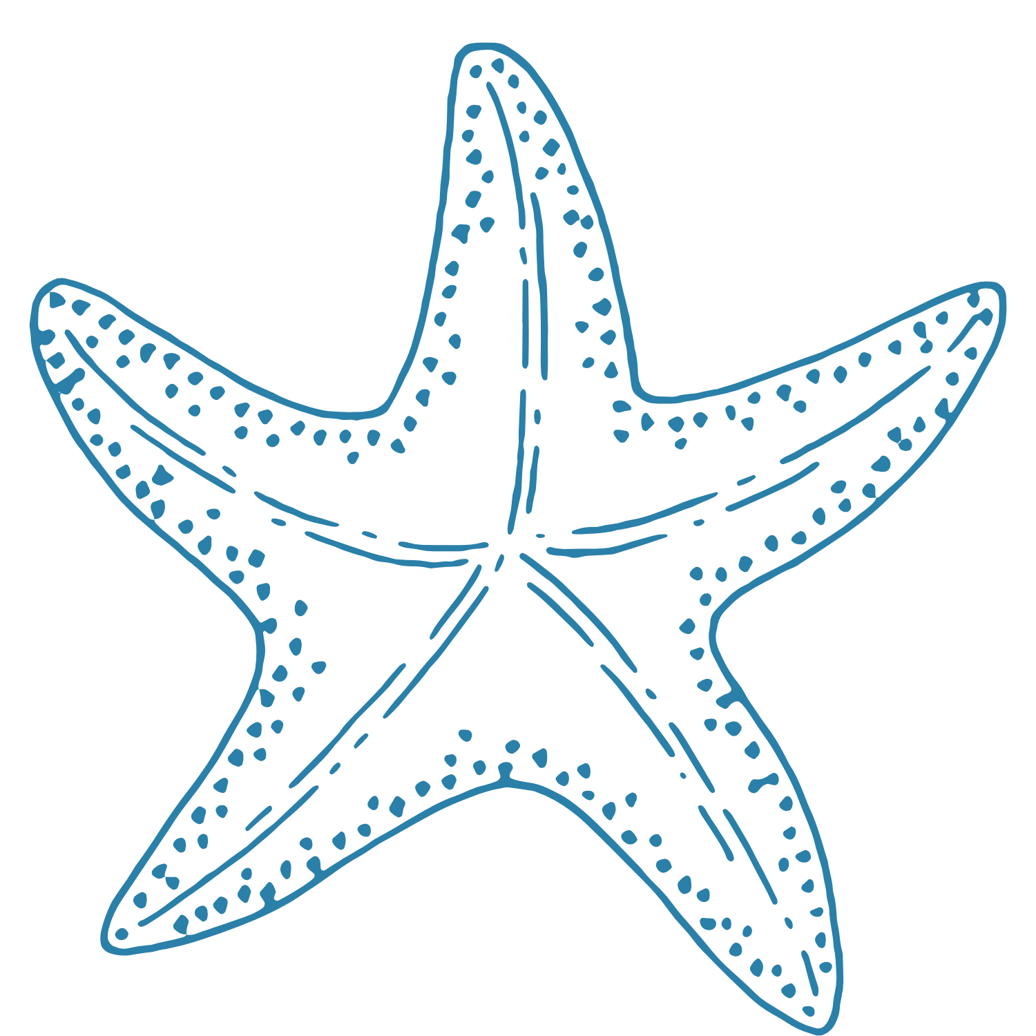 Line drawing of a starfish with patterned arms on a black background.