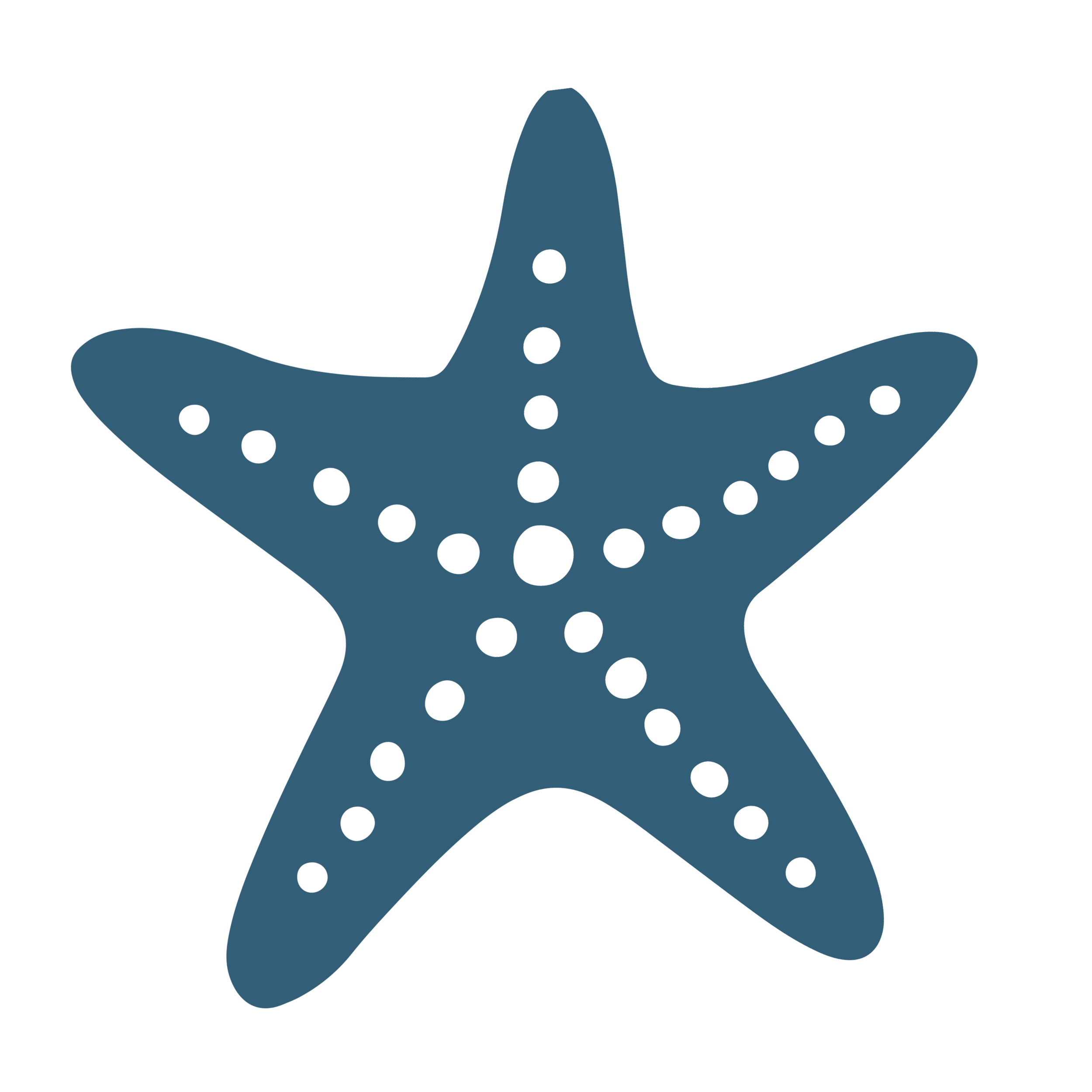 A stylized blue party hat with dark polka dots, featuring a curved brim and a pointed top.