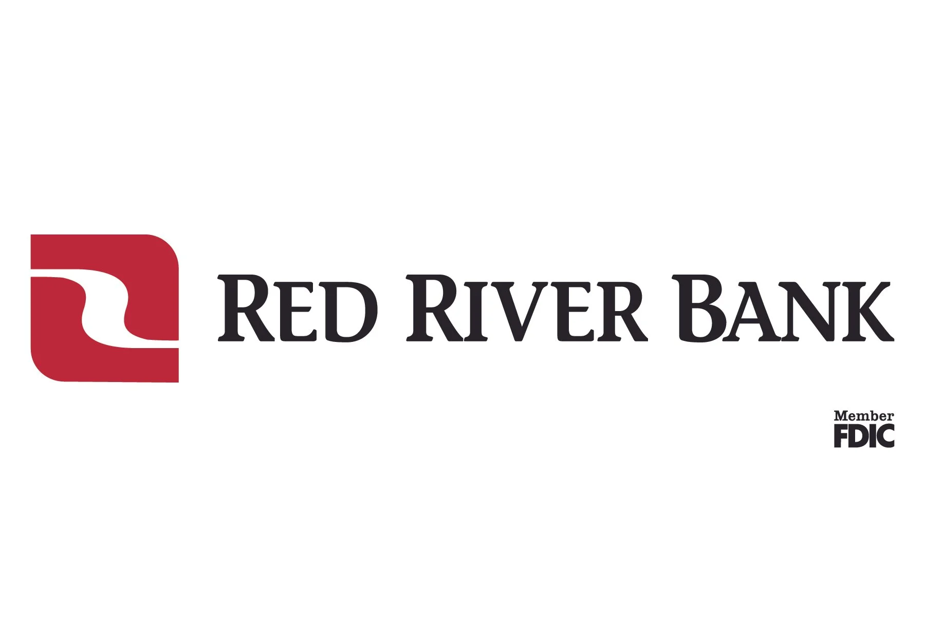 Red River Bank logo with a red square containing a white abstract river design, the bank's name in black text, and a small 'Member FDIC' notice.