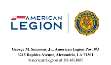 Logo of American Legion next to a seal, with text 'George M. Simmons, Jr. American Legion Post #3, 3215 Rappes Avenue, Alexandria, VA 713-487-1887'.
