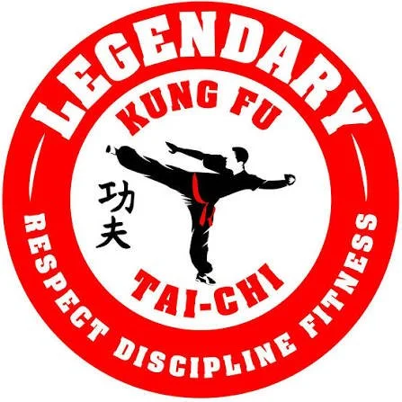 Logo with a red circle and white background. It features a martial artist in a high kick, wearing a black uniform with a red belt. The text includes 'LEGENDARY' at the top, 'KUNG FU TAI-CHI' in the middle, and 'RESPECT DISCIPLINE FITNESS' at the bott