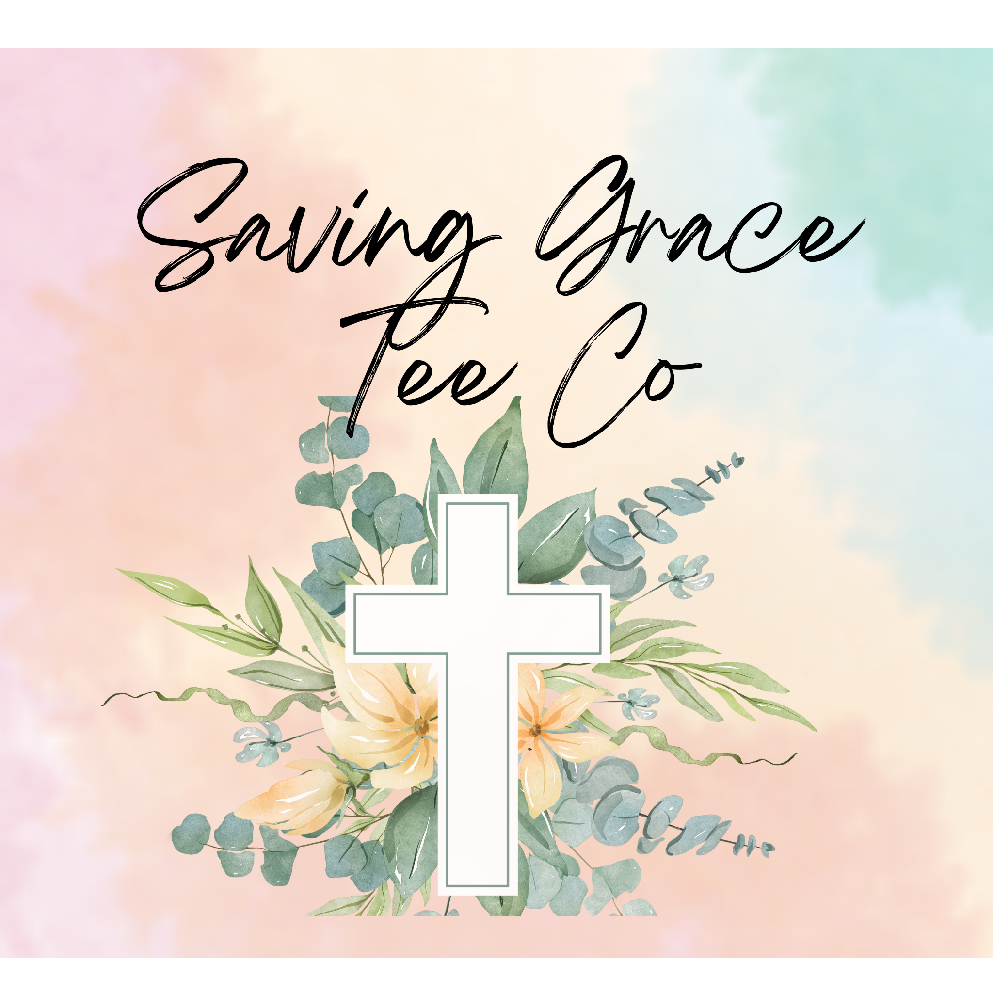 A decorative wedding invitation with pastel watercolor background, featuring a white cross at the center surrounded by green leaves and orange flowers, with handwritten calligraphy text.