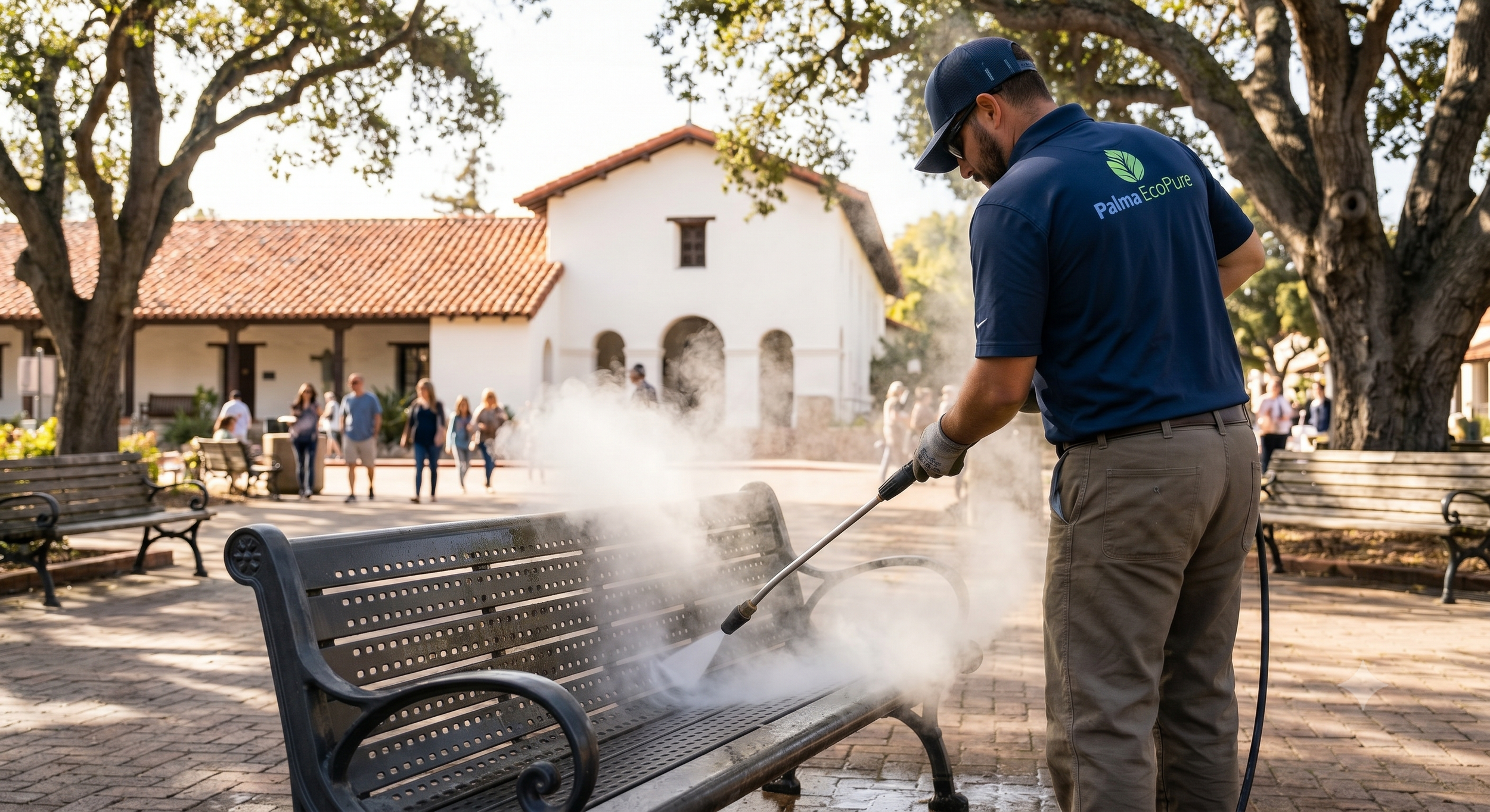 A man wearing a blue shirt with a logo trimming a smoking metal park bench with a steam cleaner in a park, with several people walking and a building in the background.