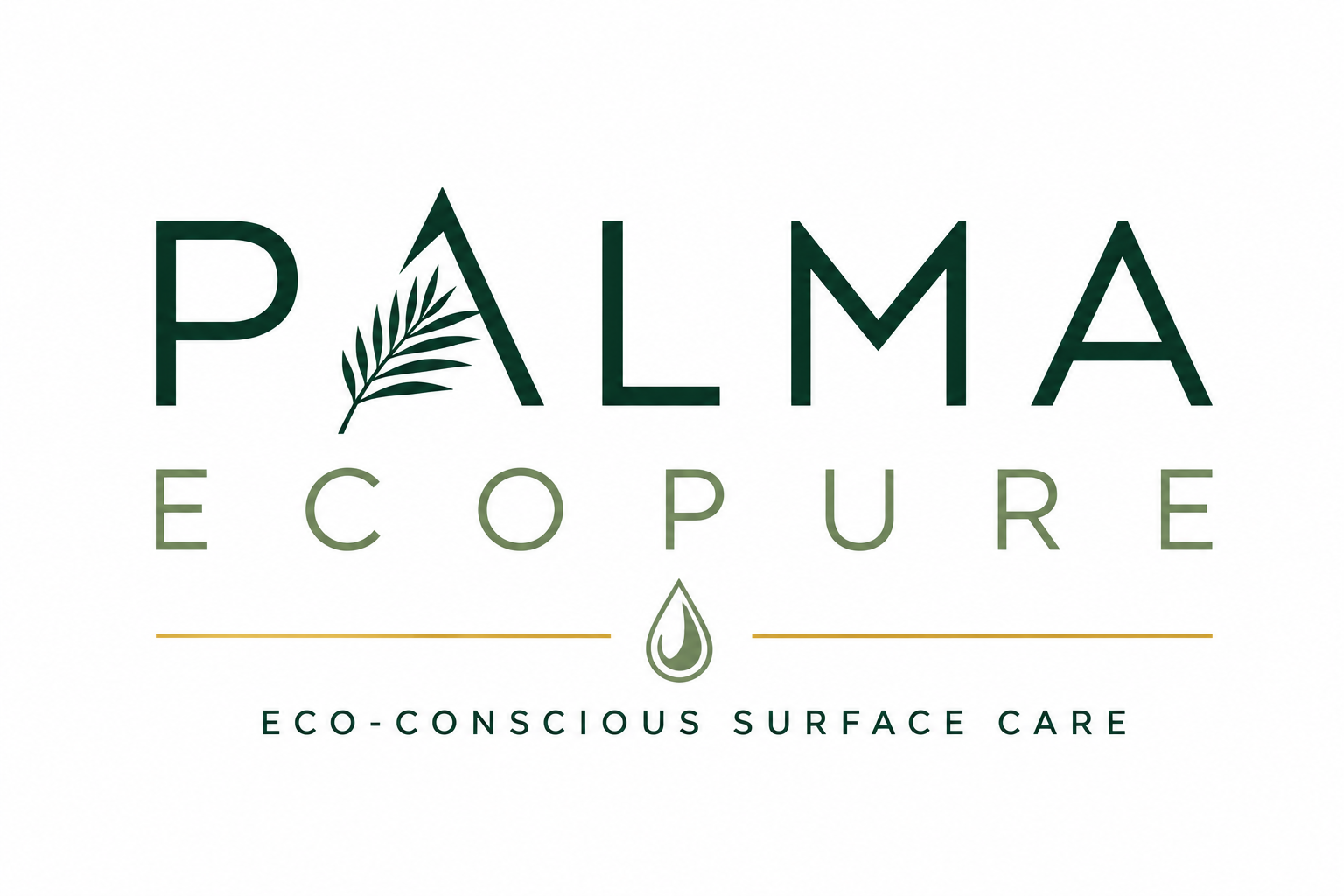 Logo for PALMA ECO PURE with a palm leaf illustration replacing the letter A, featuring the tagline 'ECO-CONSCIOUS SURFACE CARE' and a water droplet icon.