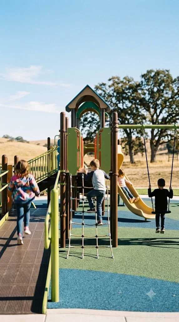 Children playing on a colorful outdoor playground with slides, climbing structures, and swings under a clear blue sky, with trees and open land in the background.