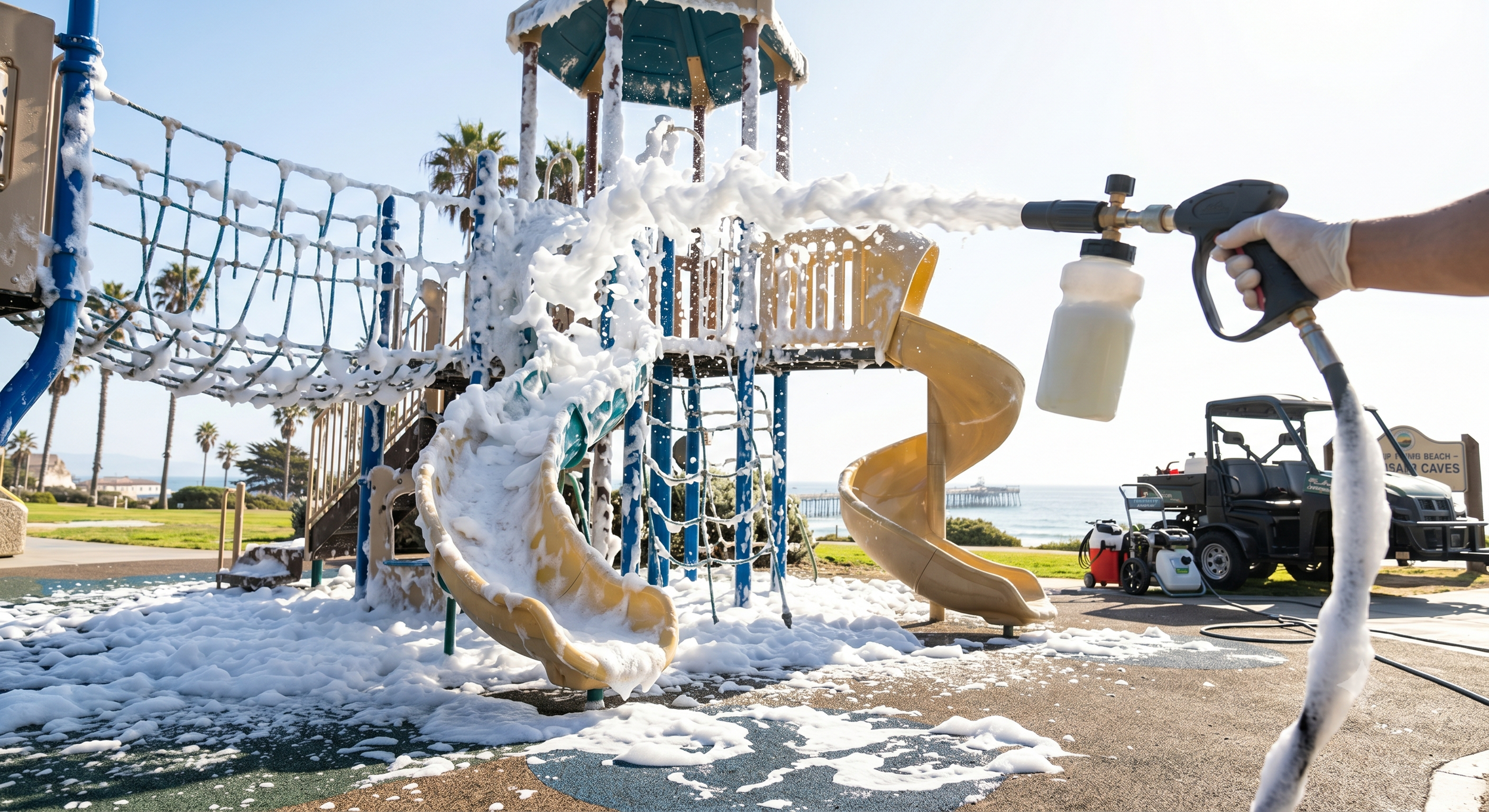 A playground soaked with soap suds, with foam covering the slide, climbing structures, and ground. Someone is spraying foam from a foam machine, with a background of palm trees, grass, and ocean.