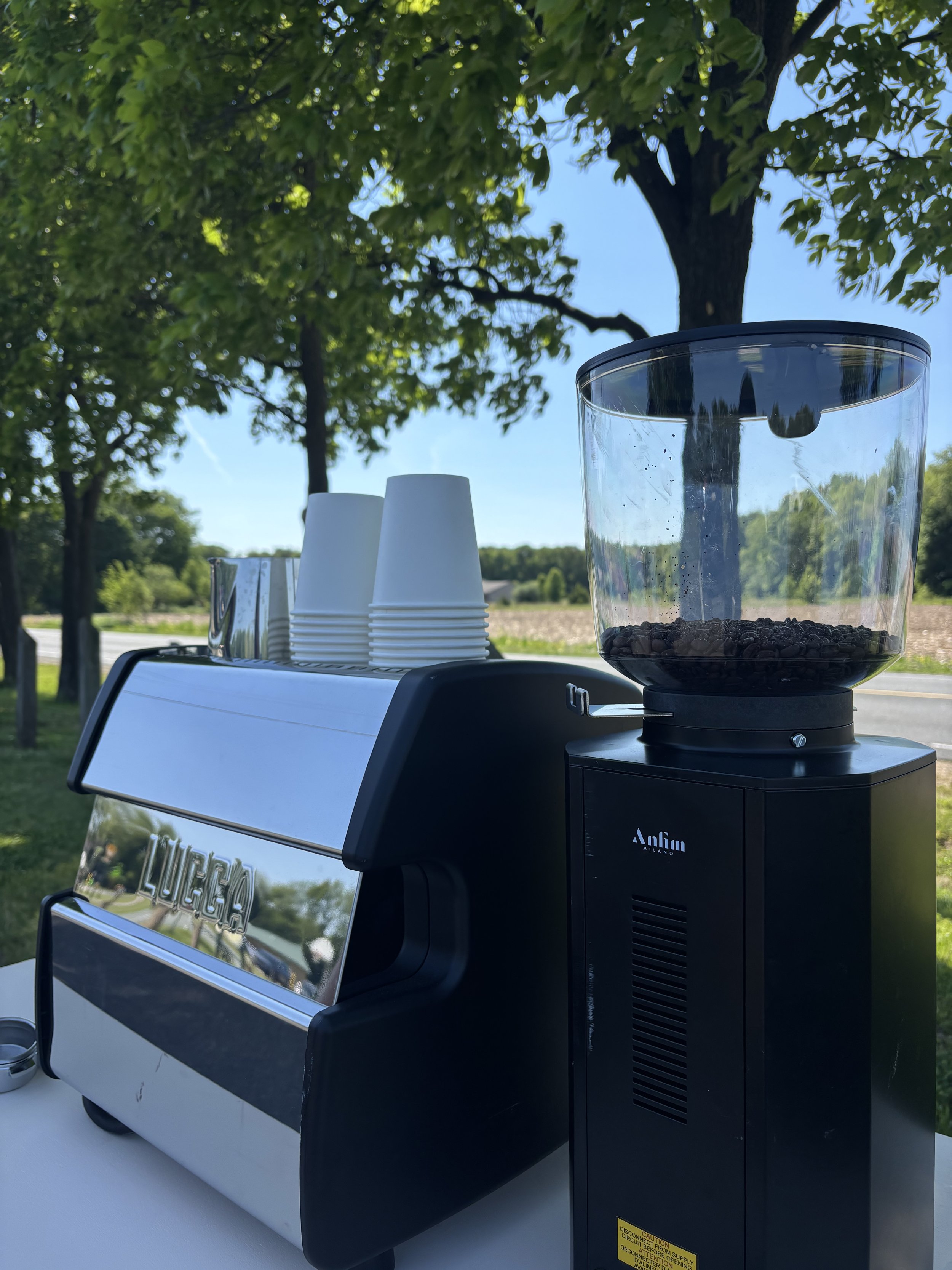 Coffee grinder machine labeled 'Anfim Milano' on a white table outdoors, with a row of white paper cups and a silver pitcher, trees, and blue sky in the background.