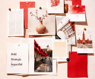 A bulletin board with various papers, photographs, and notes pinned with colorful push pins, including a vase with flowers, architectural photos, and text documents in red, white, and black.