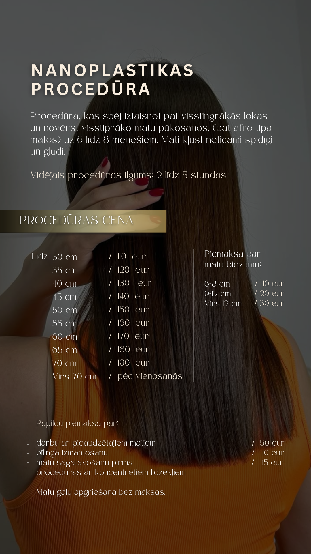 Poster advertising a nanoplasty procedure for hair, including pricing based on hair length and additional options for hair treatment.