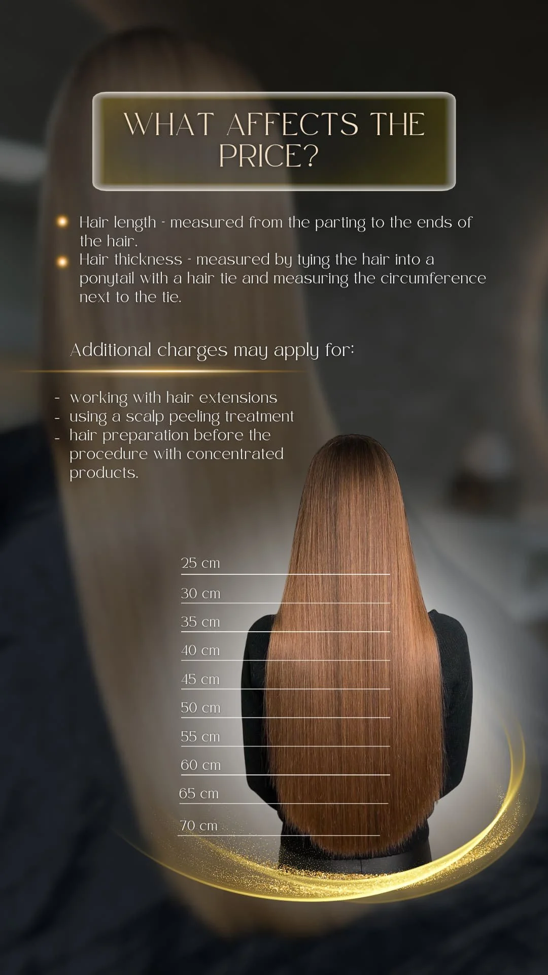 Professional hair treatment price guide detailing length and thickness factors in Riga