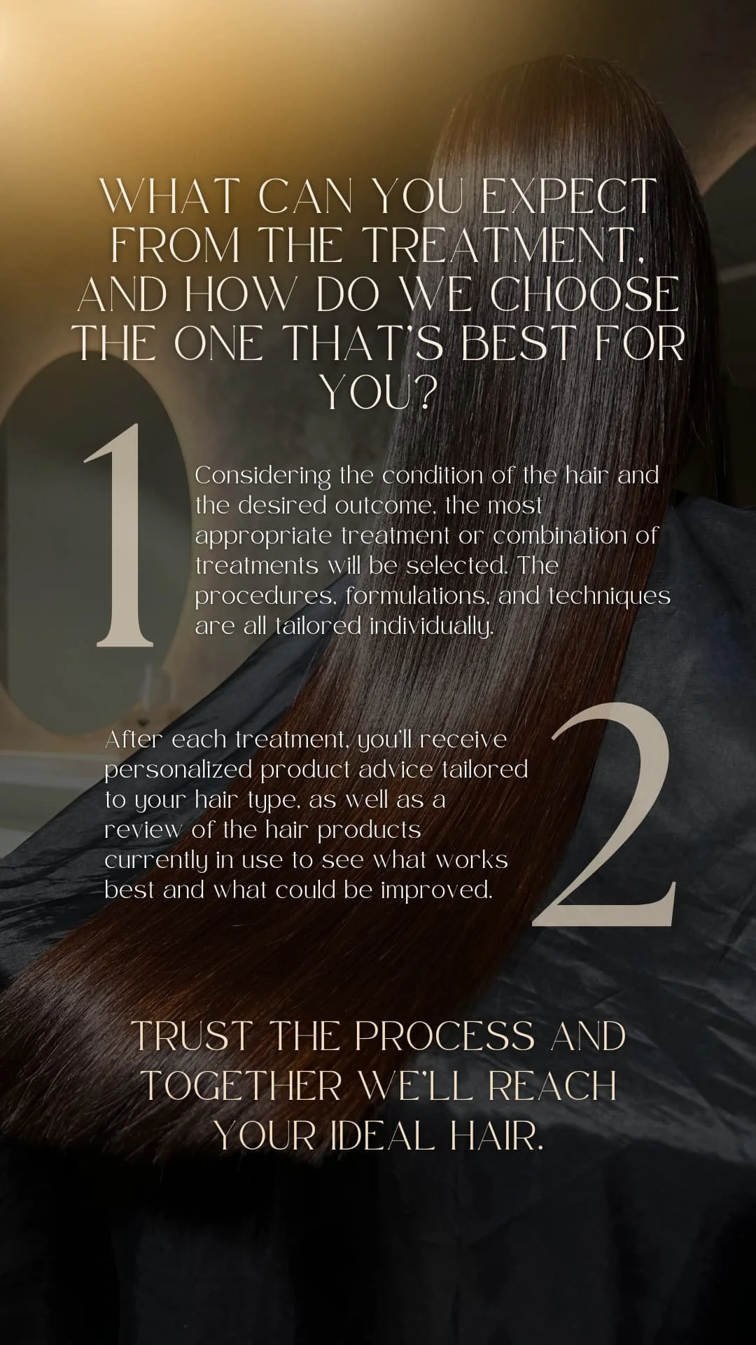 Professional hair treatment price guide detailing length and thickness factors in Riga