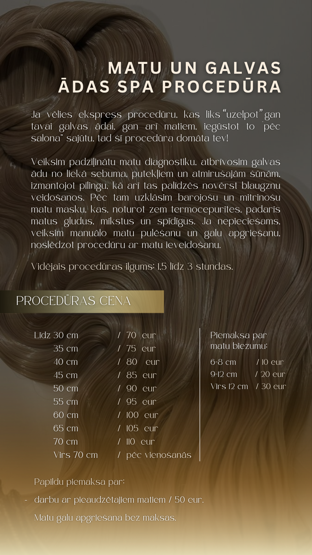 Advertisement for hair treatments with a background image of blonde hair. The ad mentions hair cuts, pricing based on length, and additional services like hair coloring and damage repair.