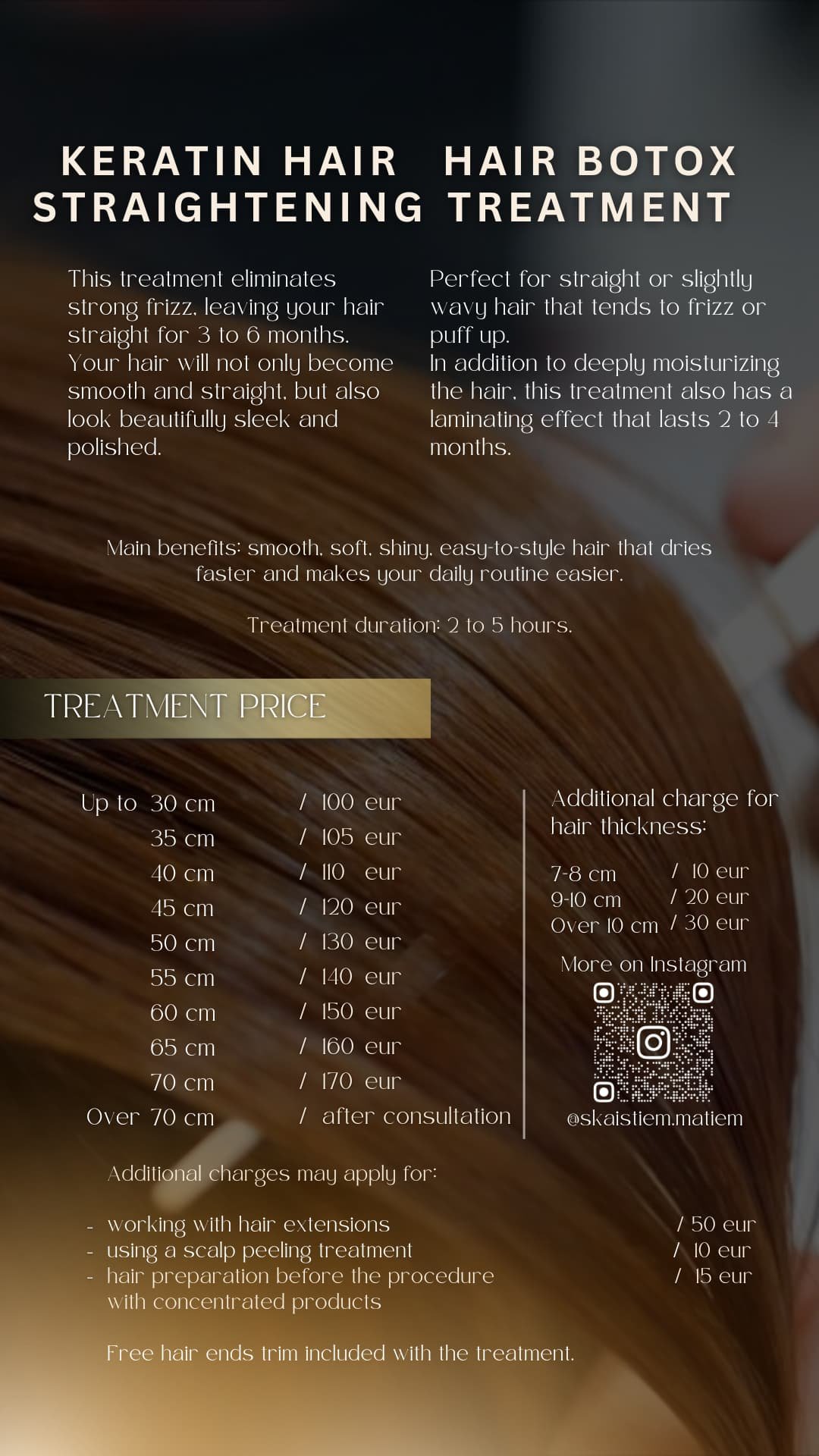 Professional hair treatment price guide detailing length and thickness factors in Riga