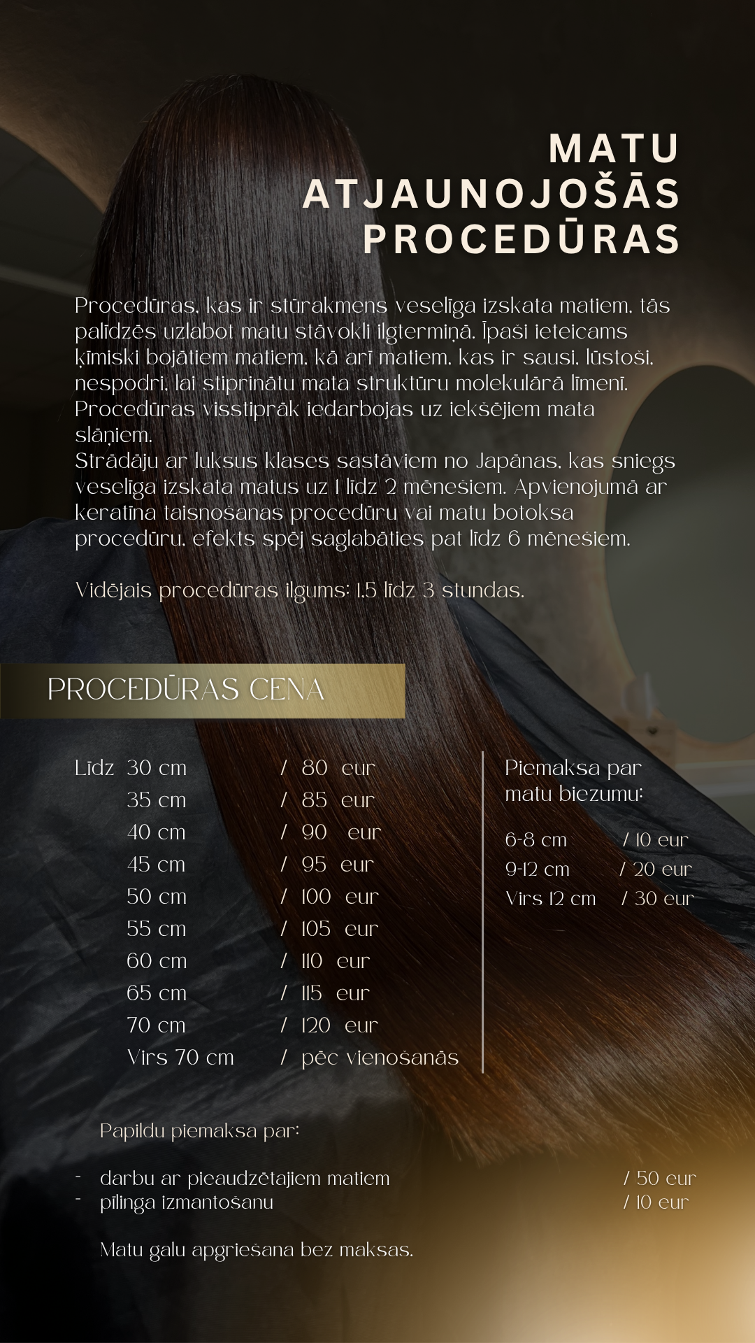 An advertisement for a hair lightening procedure, featuring a woman with long, shiny, straight brown hair, and pricing details for different hair lengths.