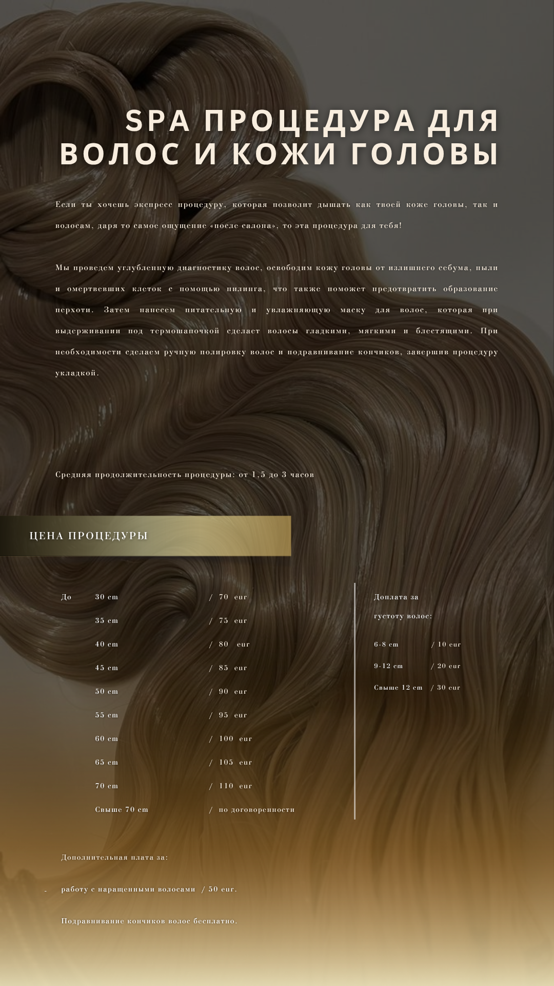 Poster in Russian advertising a hair and scalp spa procedure, featuring a background image of smooth, flowing brown hair and pricing details in a table.