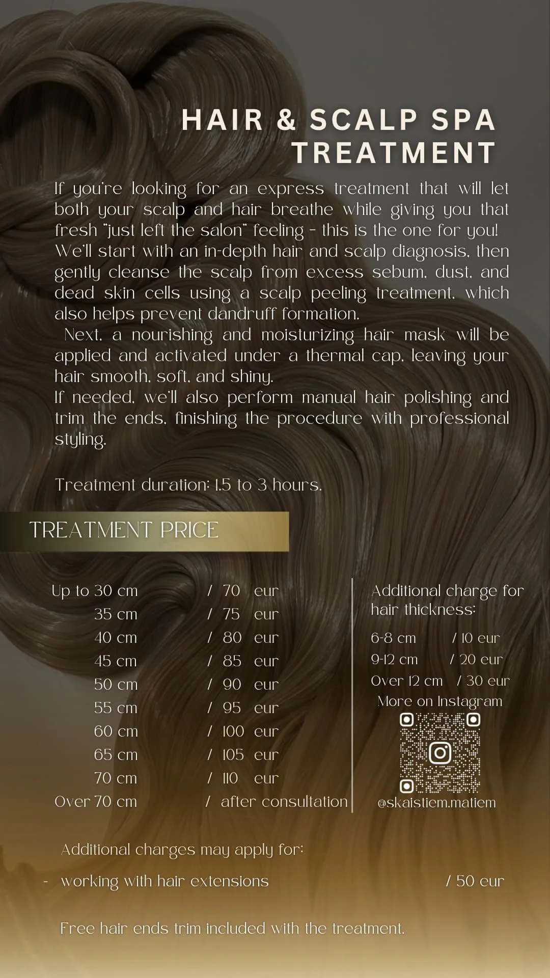 Professional hair treatment price guide detailing length and thickness factors in Riga