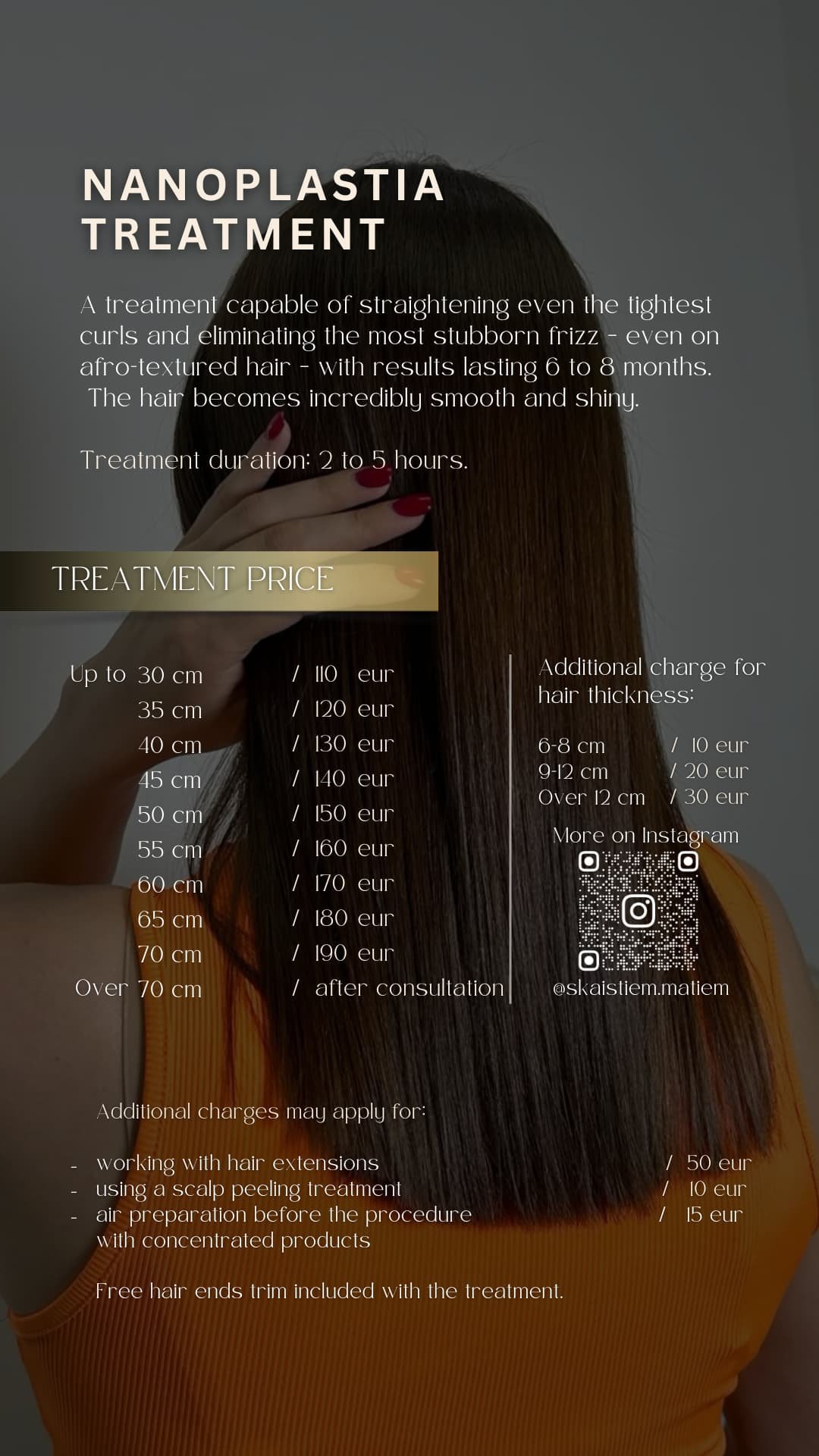 Professional hair treatment price guide detailing length and thickness factors in Riga
