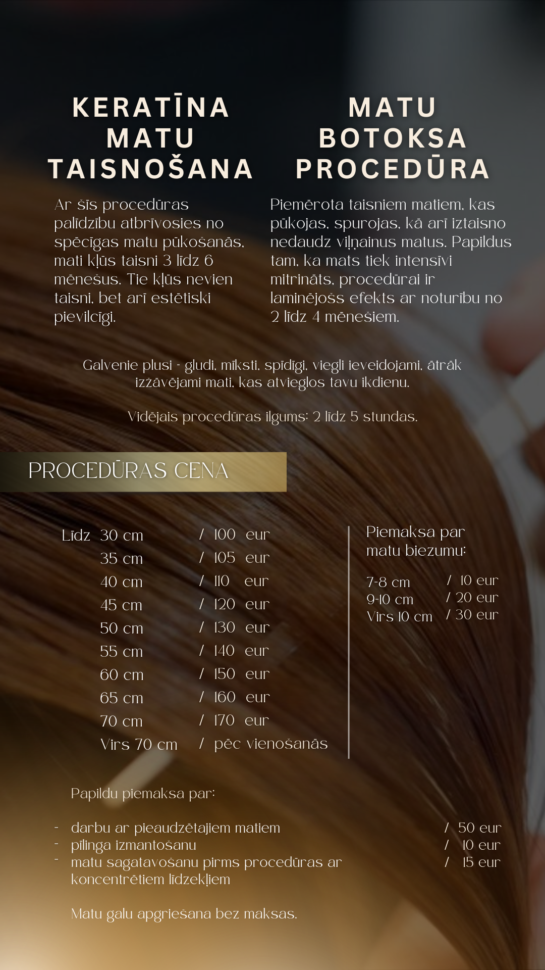 A detailed infographic with information about hair keratin treatment, including procedures, pricing based on hair length, and additional services, written in Latvian.