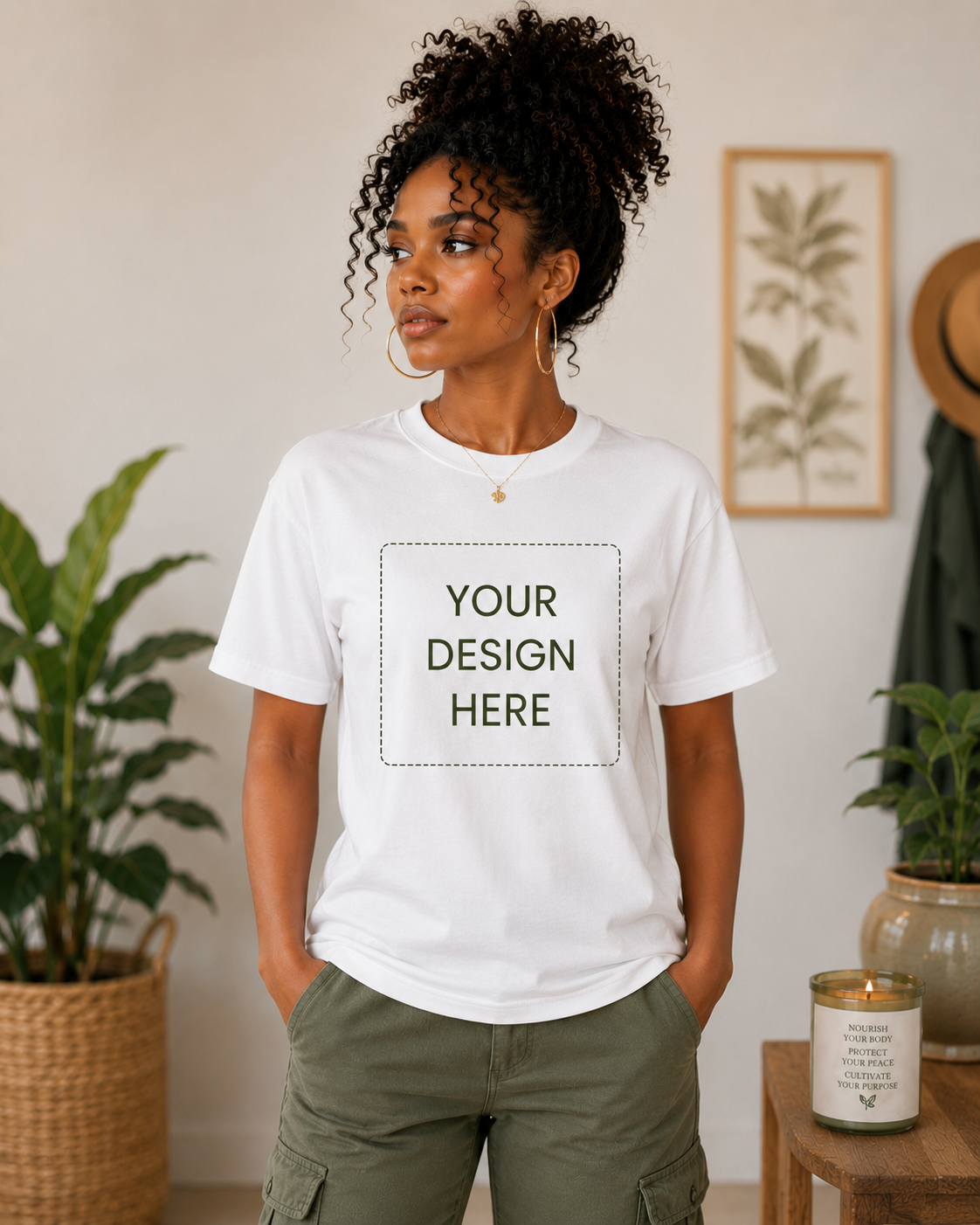 A young woman with curly hair wearing a white T-shirt with the text 'Your Design Here' and khaki pants, standing in a room with houseplants and a framed botanical print.