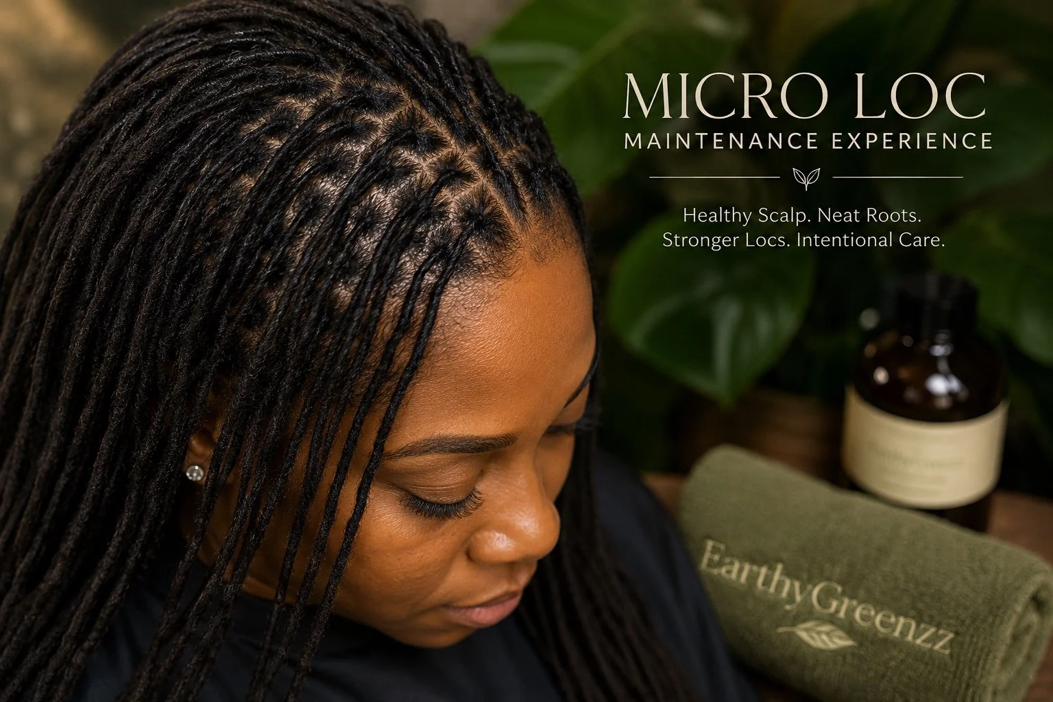 Close-up of a woman with neatly styled micro locs, looking downward, with a green plant and a bottle of scalp care product in the background.