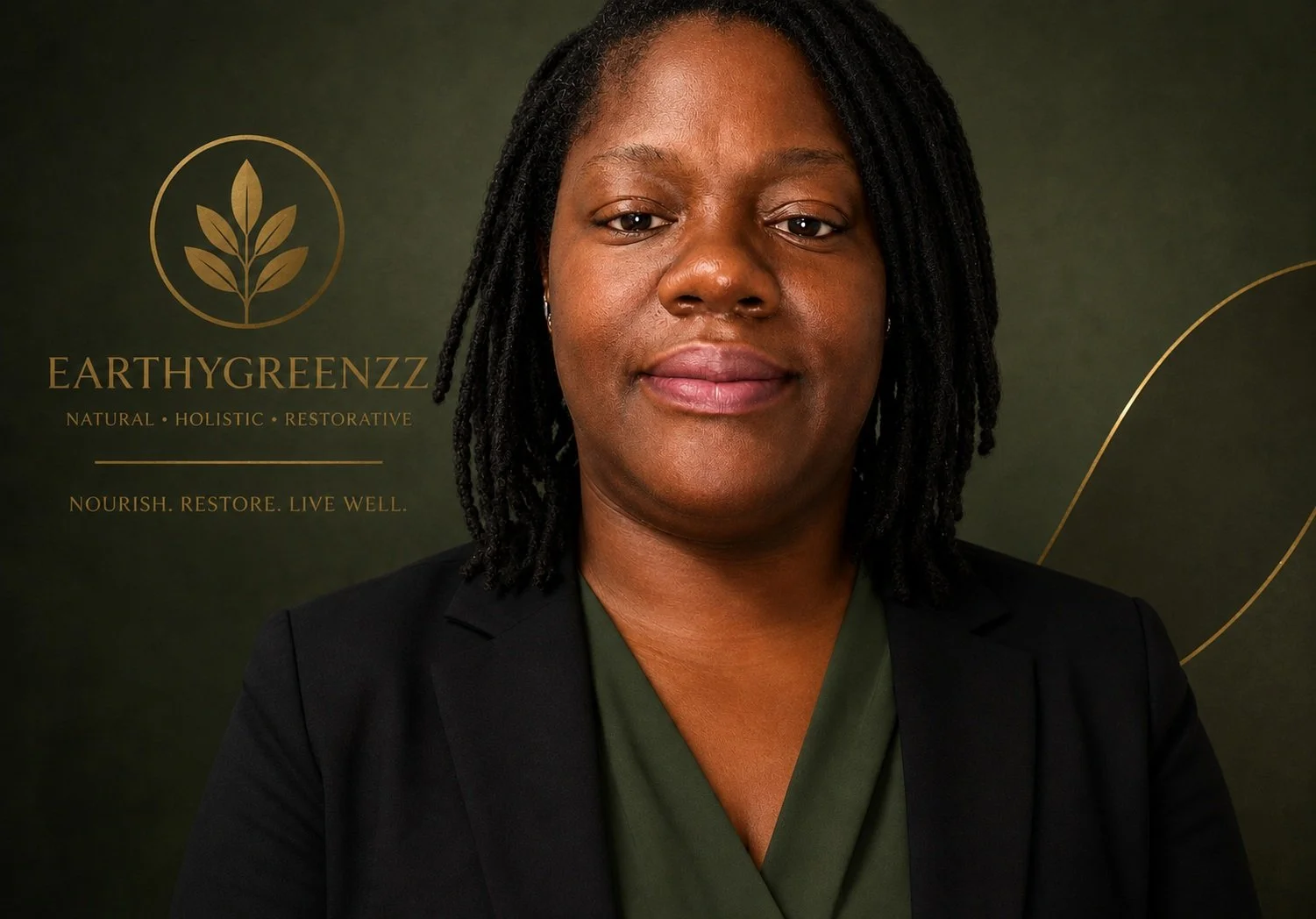 A woman with dark skin and shoulder-length dreadlocks, wearing a black blazer over a green top, standing against a dark green background with the Earthygreenzz logo and tagline.
