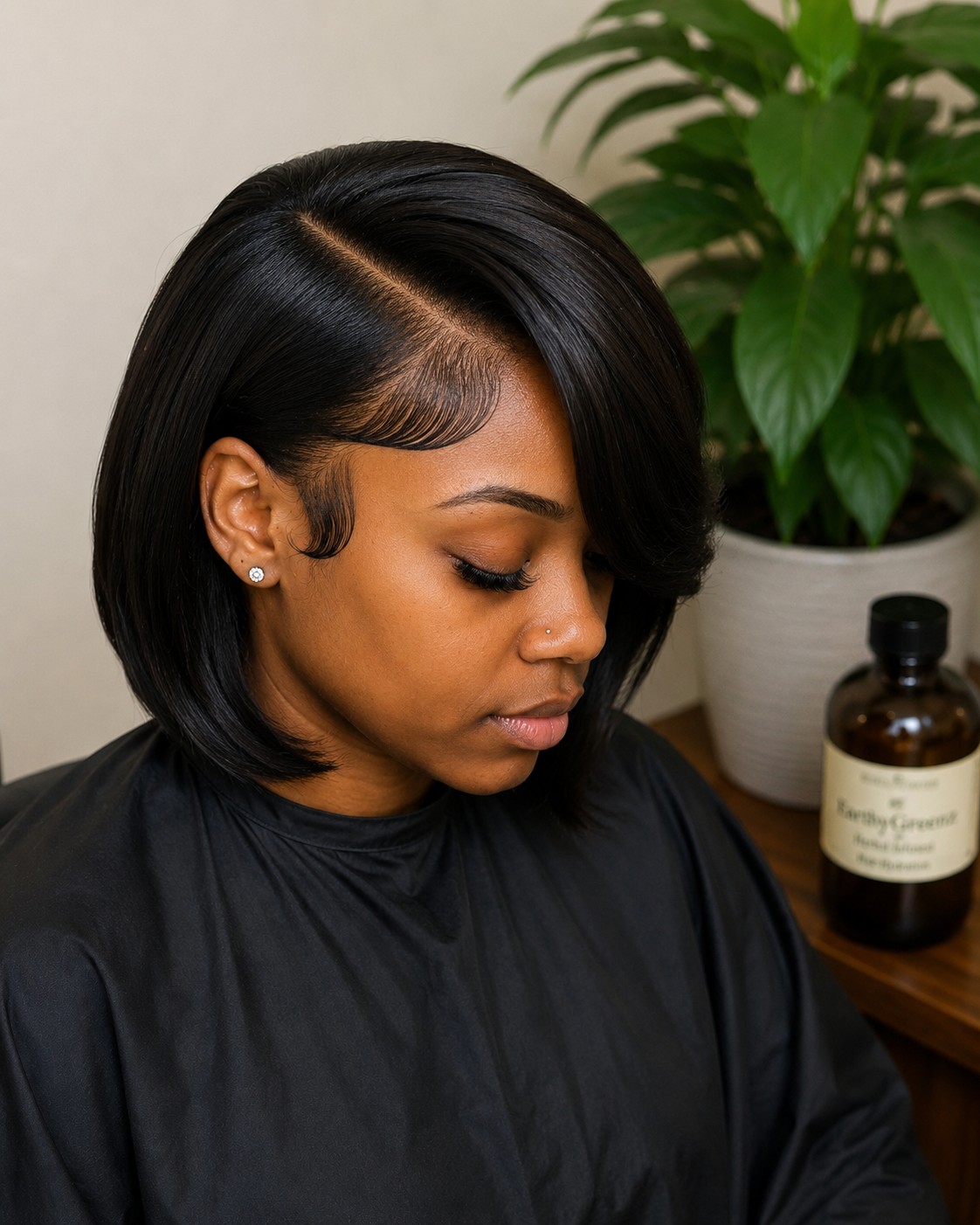 A woman with a sleek, asymmetrical bob hairstyle and a deep side part. She has a small nose piercing, earrings, and minimal makeup. She is wearing a black cape, likely at a hair salon. In the background, there is a large green plant and a brown bottle with a beige label next to a small wooden table.