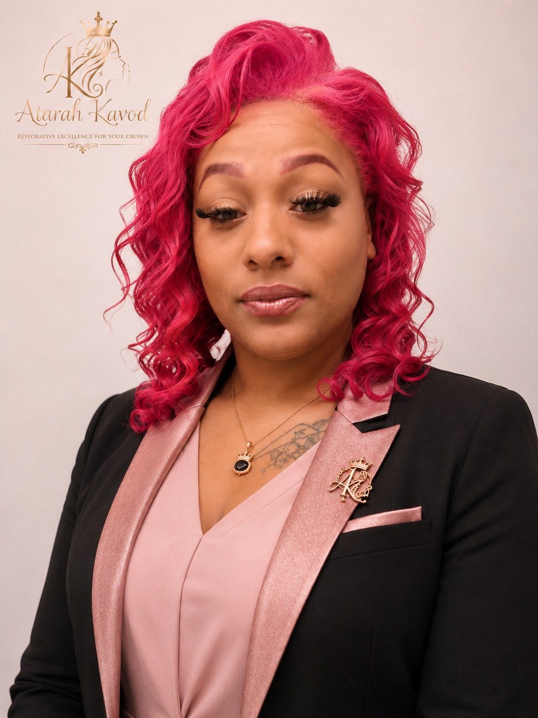 A woman with curly bright pink hair wearing a pink blouse and a black blazer with a pink lapel, adorned with a gold 'A' pin and a necklace with a crown pendant, standing in front of a white background with a logo that reads 'Atarah Kavod'.