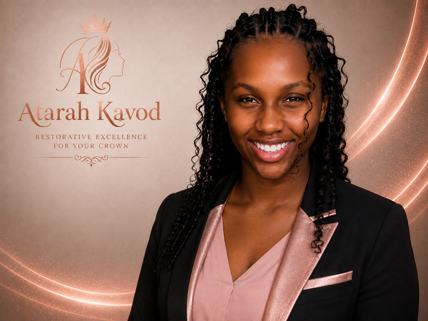 A professional portrait of a smiling woman with curly hair, wearing a black blazer with pink satin lapel and a light pink blouse, standing against a beige background with a logo and text reading "Atarah Kavod Restorative Excellence for Your Crown."