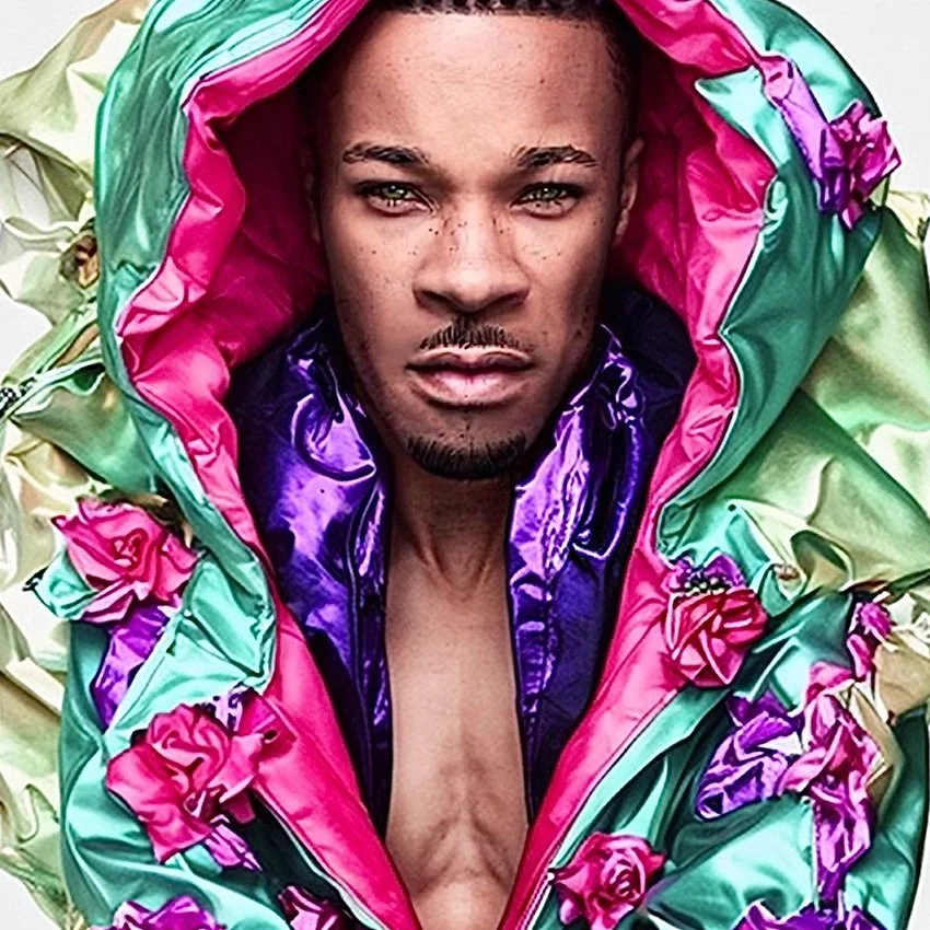 A person with a serious expression, wearing a colorful, shiny jacket with a pink, green, purple, and blue pattern, with the jacket hood over their head, looking directly at the camera.