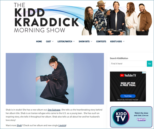 Website homepage of The Kidd Kraddick Morning Show featuring cast members, a YouTube TV advertisement, and a main story about Shab, a singer working on her album.